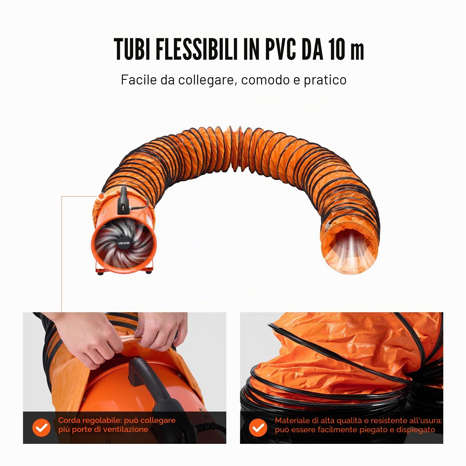 VEVOR Ventilatore Portatile, 300W Estrattore d'Aria Condotto Aspiratore Industriale 254 mm, Tubo Flessibile 10 m Volume d'Aria 1720 CFM (2922 m3/h) 2 Marce per Aspirare Polvere Fumo Impermeabile IP44