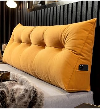 LUXUCURE Headboard Back Rest Pillow,Triangular Large Reading Backrest Pillow with Side Pocket,Back Wedge Pillow for Bed Bay Window Tatami Sofa,Removable Washable Cover-Orange,120x50x20cm