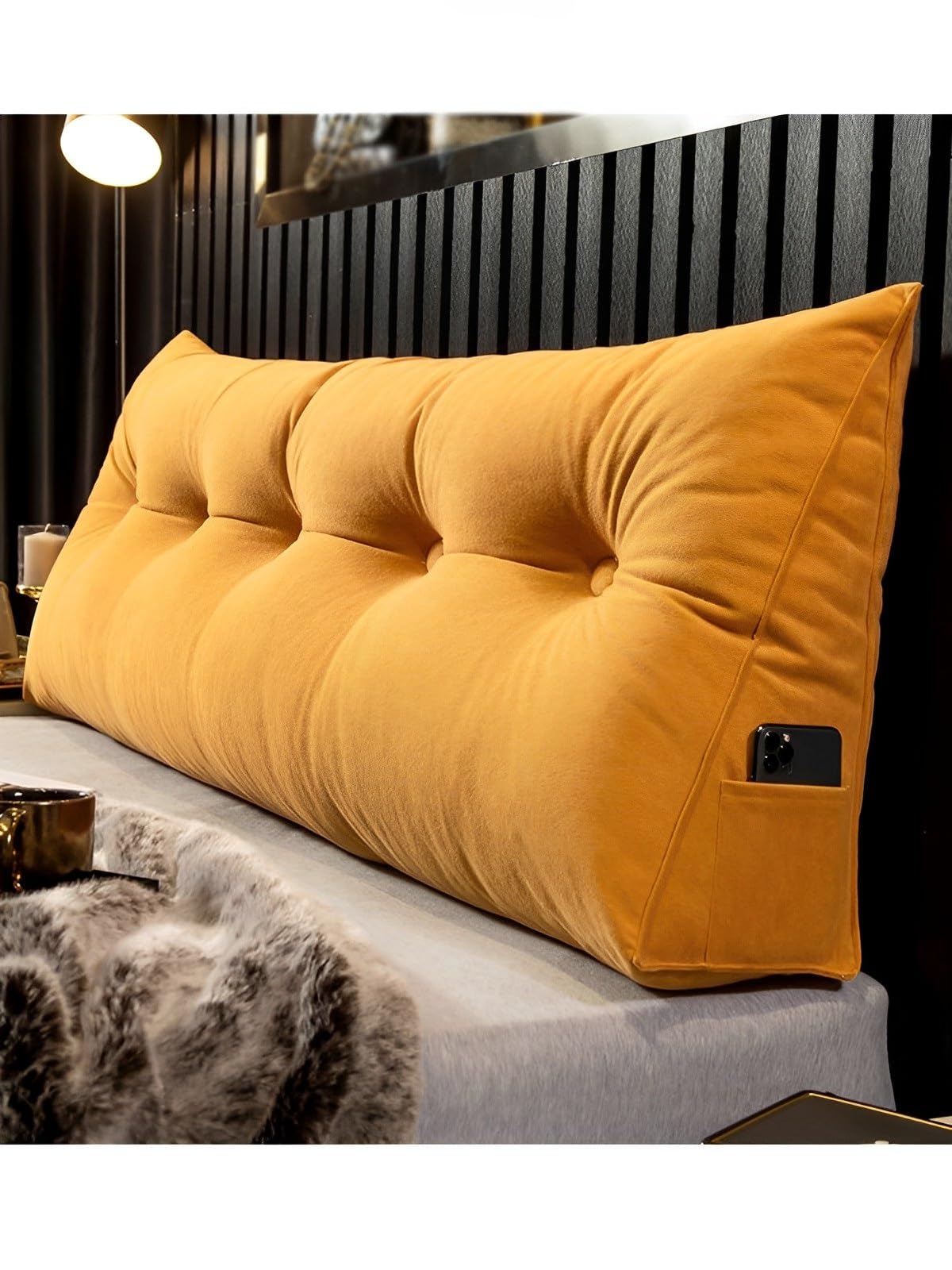 LUXUCURE Headboard Back Rest Cushion Support Pillow,Triangular Large Reading Pillow with Side Pocket,Lumbar Support Back Wedge Pillow for Bedroom Bed Bay Window Tatami Sofa,Orange,80x50x20cm
