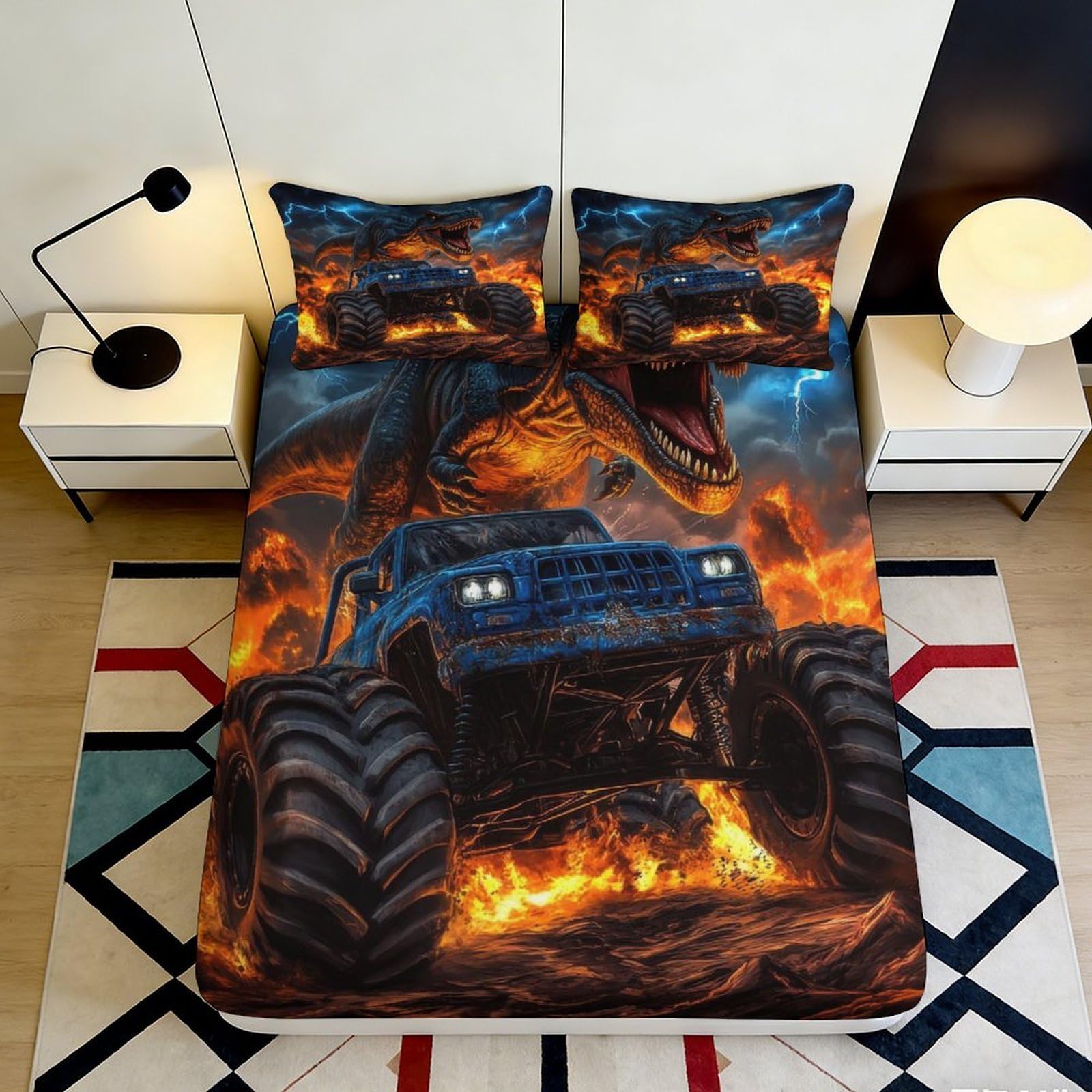 Pnayamiorkfel Style-6 3D Printed Dinosaur Monster Truck Fitted Sheet Microfiber Bedroom Decor Fire Bed Cover For Home Dorm Guest Room 90X200x25cm