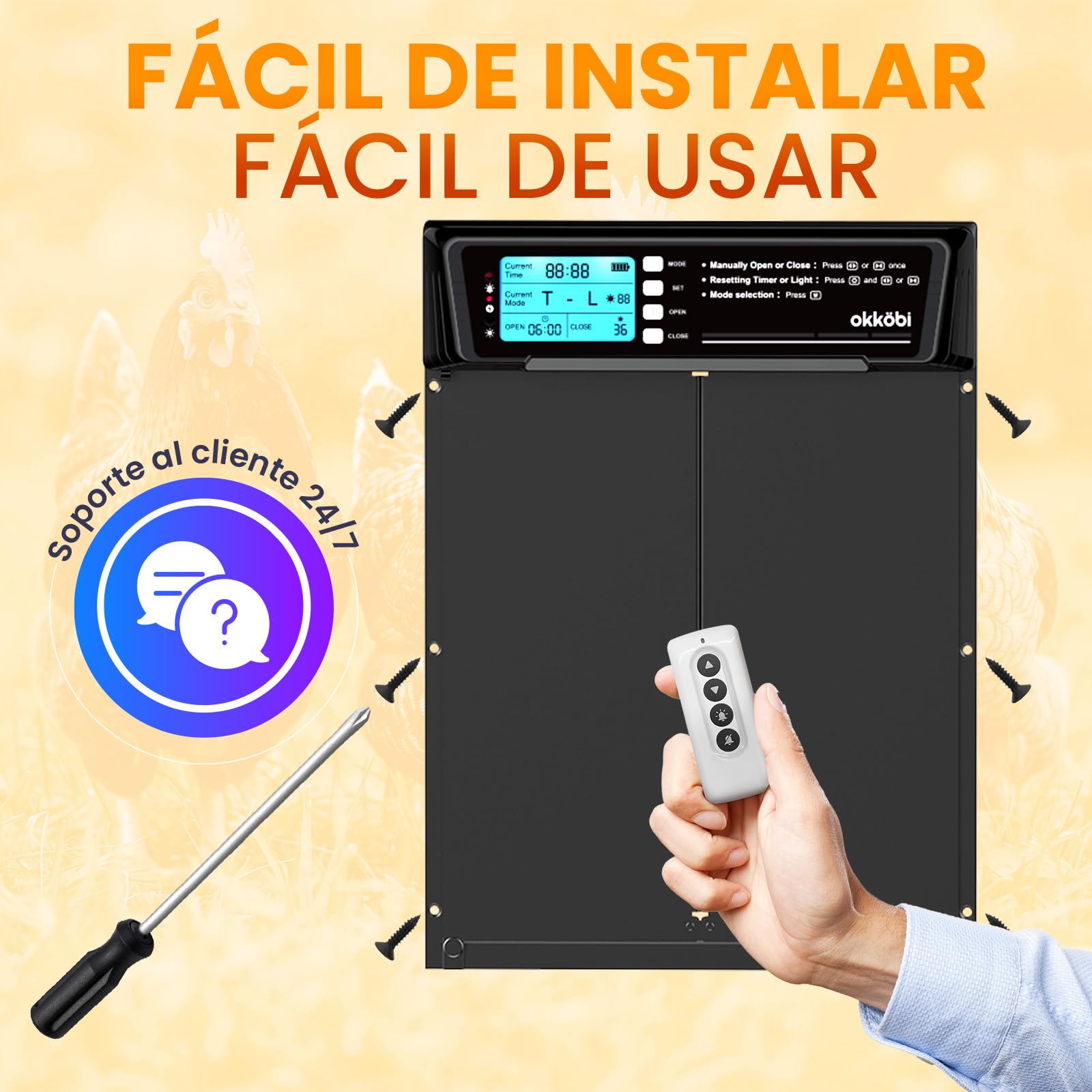 Puerta Gallinero Grande Automática Solar con Mando – Pantalla LCD, Sensor de Luz, Temporizador y Anti-pellizco – Apertura 28,7 x 22,1 cm – Protección 5 años – Negro - Okköbi