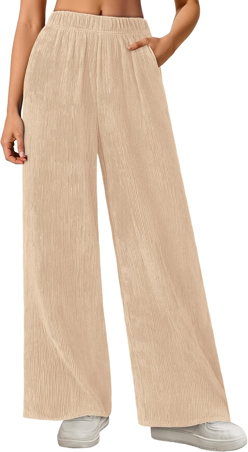 MEROKEETY Women's Wide Leg Palazzo Pants Flowy Pleated Elastic High Waisted Casual Trousers with Pockets
