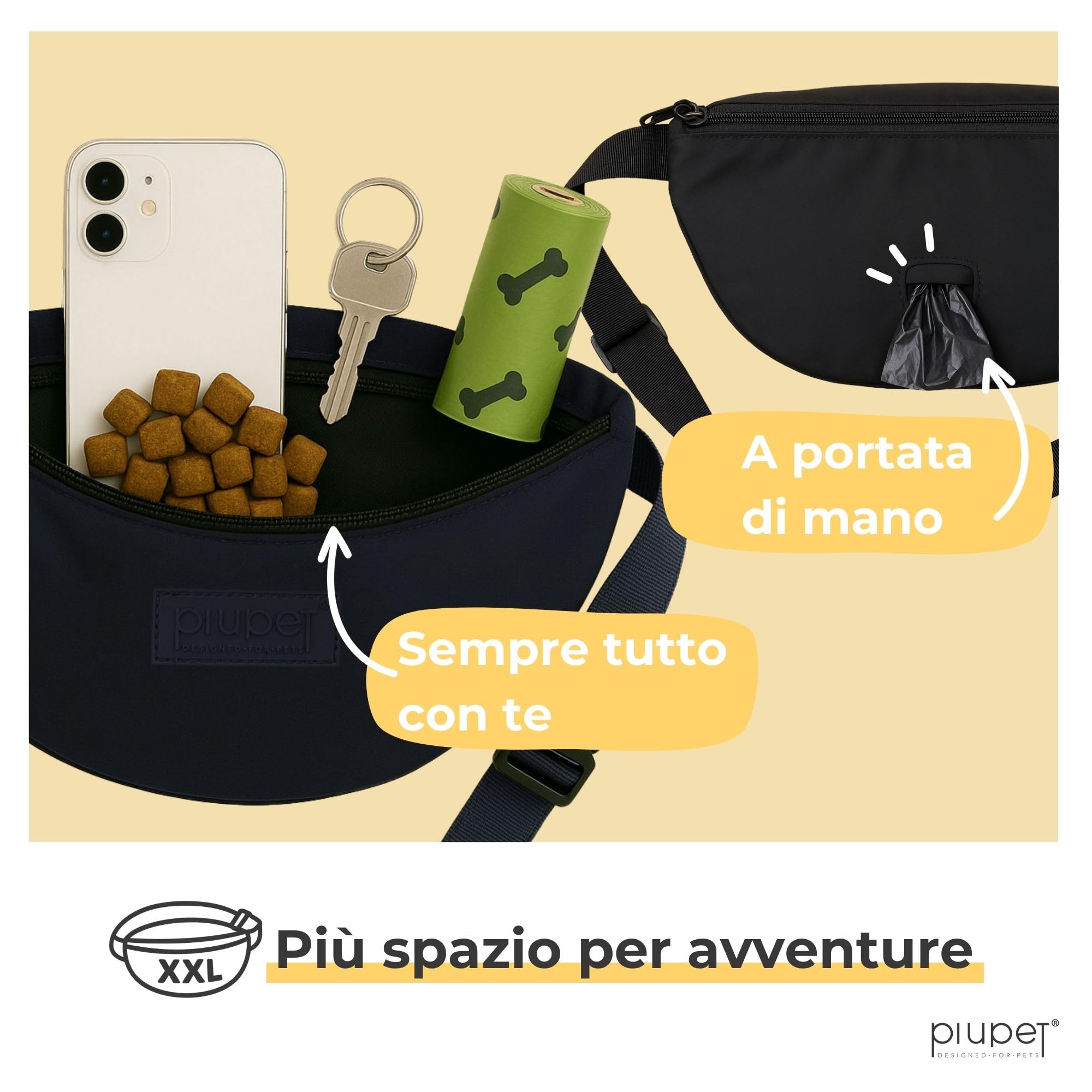 PiuPet® Borsa per Cani I Borsa per Cani Elegante e Impermeabile con 3 Scomparti con Cerniera I Marsupio 2 in 1 per l'addestramento del Cane e Borsa a Tracolla I con Tasca Interna Rimovibile (Nero)