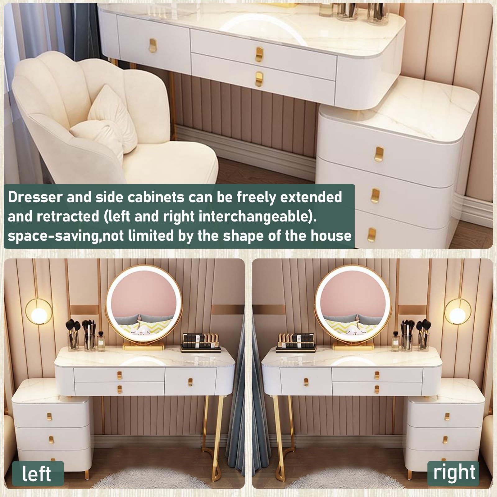 Toeletta Da Trucco Con Specchio LED Regolabile - Vanity Con Sedia In Velluto, 80/100x40x76 Cm, Per Camera - Foto 10