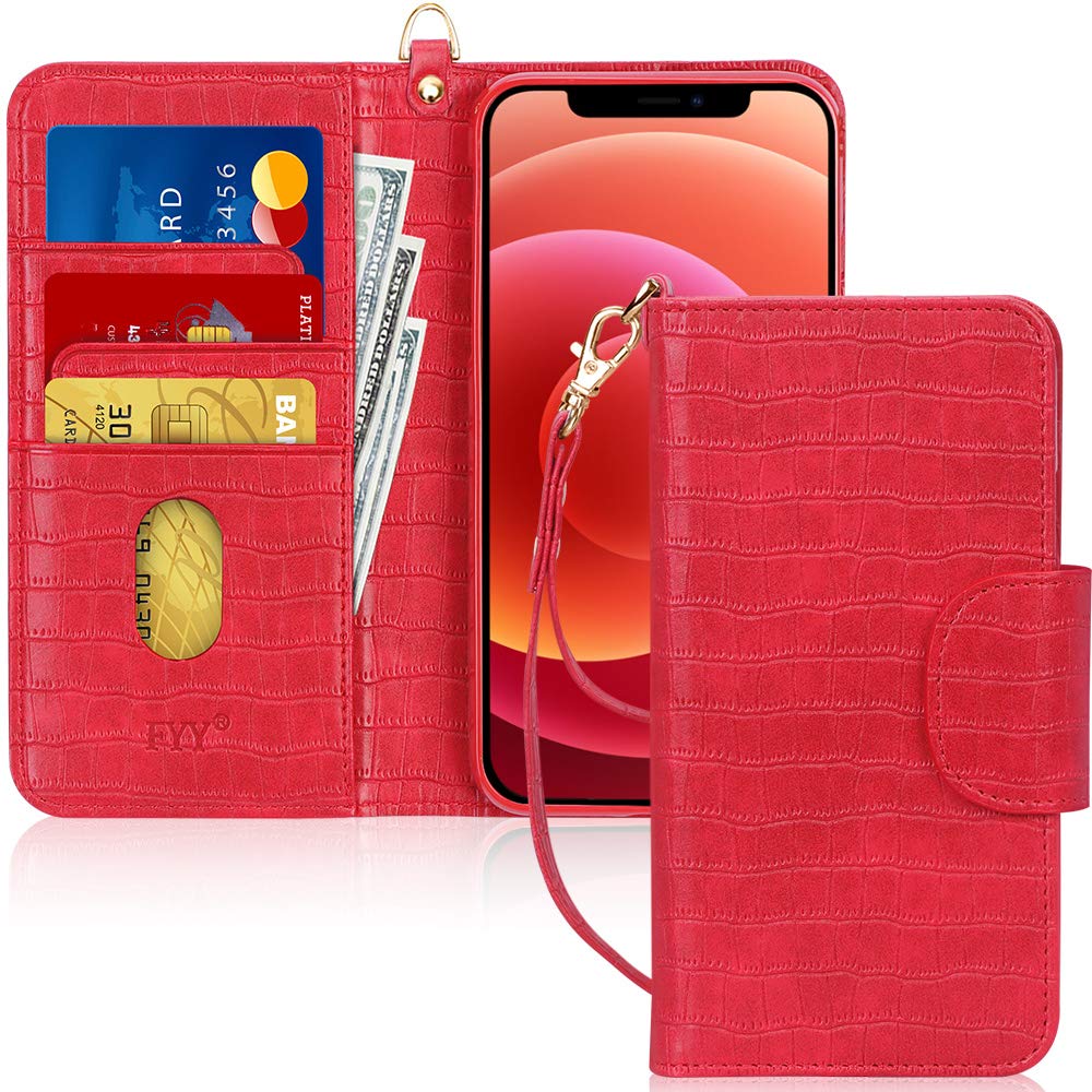 FYYCompatible with iPhone 12 Pro Max Case, [Kickstand Feature] Luxury PU Leather Wallet Case Flip Folio Cover with [Card Slots] and [Note Pockets] for iPhone 12 Pro Max 5G 6.7" Crocodile Red