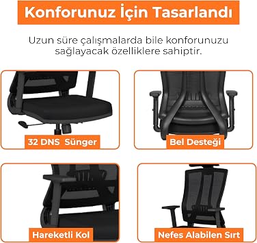Sempre Eden Başlıklı Çalışma Koltuğu, Bel Destekli ve Fileli Ofis Sandalyesi, 32 DNS Süngerli Siyah Yönetici Koltuğu, Ergonomik Tasarım, Terletmez File, Ev ve Ofis İçin Konforlu Bilgisayar Koltuğu