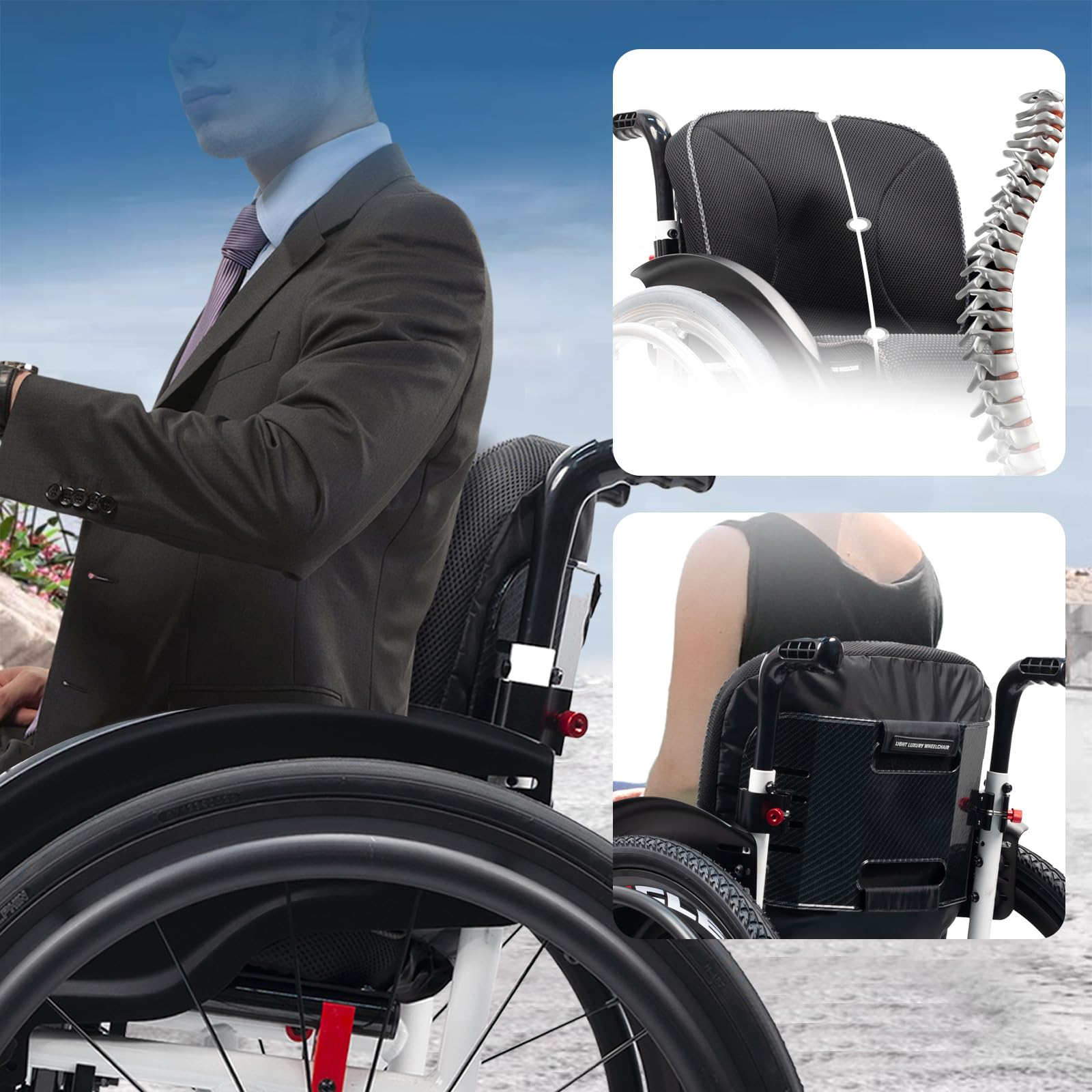Przenośny składany wózek inwalidzki, samobieżne krzesło ręczne, rama ze stopu aluminium, tylne koła 61 cm, kółka szybkiego zwalniania, konstrukcja zapobiegająca wywrotkom