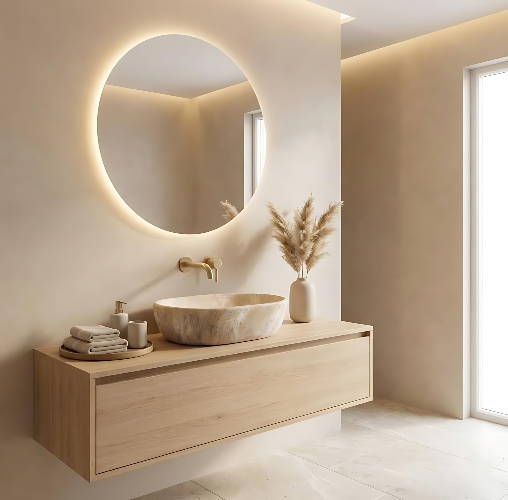 Rea - Lavabo Da Appoggio Amelia Savana Matt In Ceramica,Pietra Artificiale, Ovale 48X34,5X13,6cm
