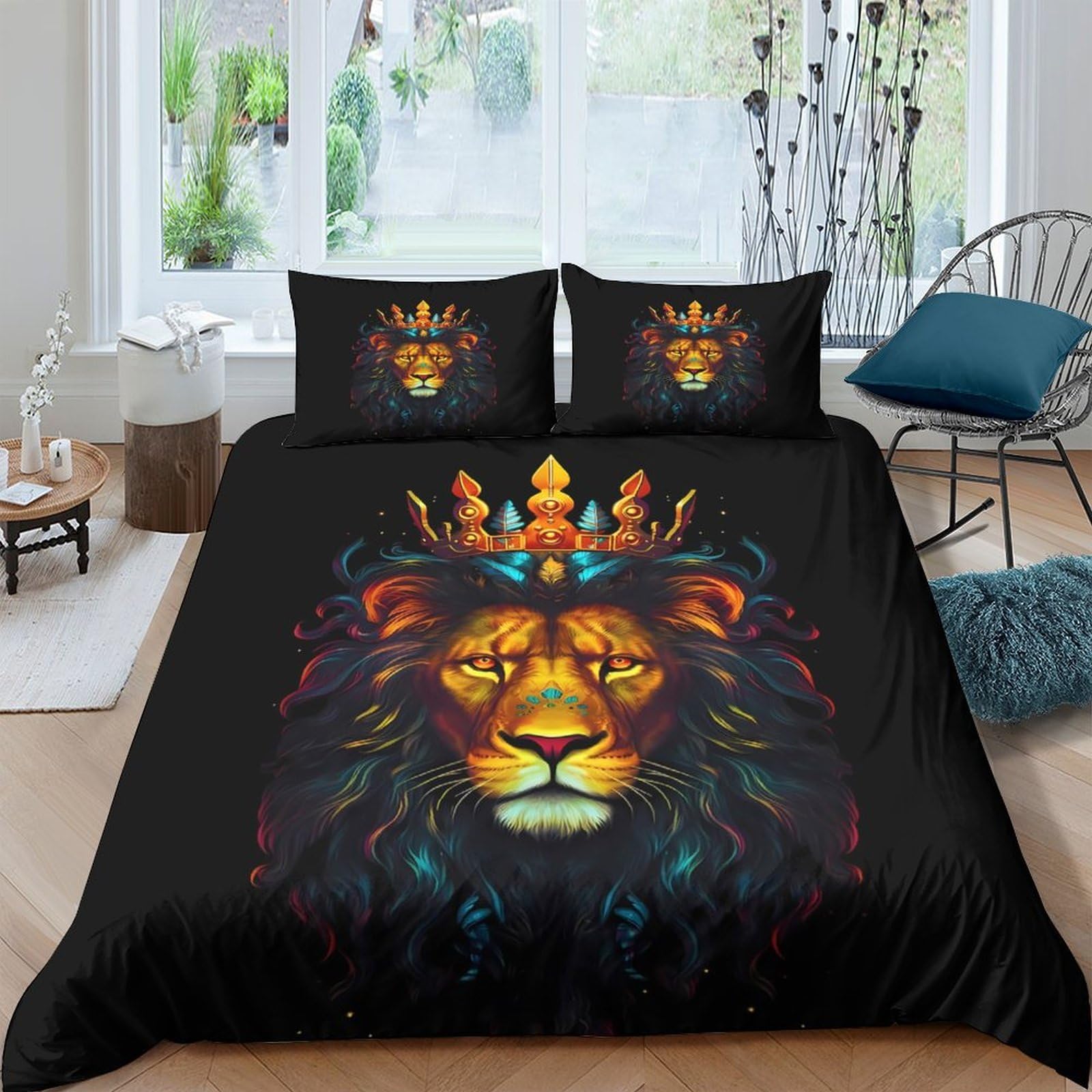 3D Printed Lion King Duvet Cover Set Microfiber Black Bedding with Crown Pattern 2 Pillowcases for Bedroom Home Decor Single（135x200cm）