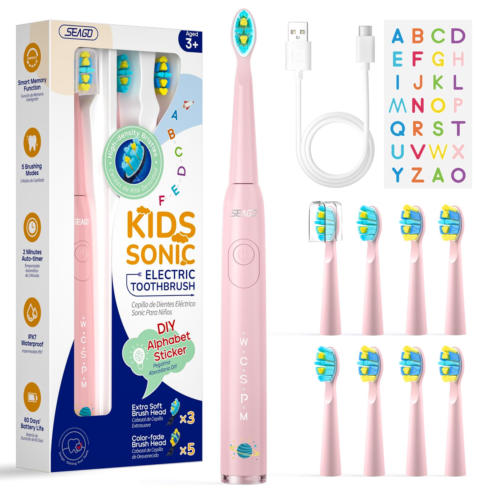 Seago Kids Electric Toothbrush 3 5 6 8 9 10 12, Childrens Rechargeable Battery Toothbrushes with Funny DIY Stickers, 2 Mins Timer, 8 Replacement Brush Heads, for Boys Girls Teenagers, SG2303(Pink)