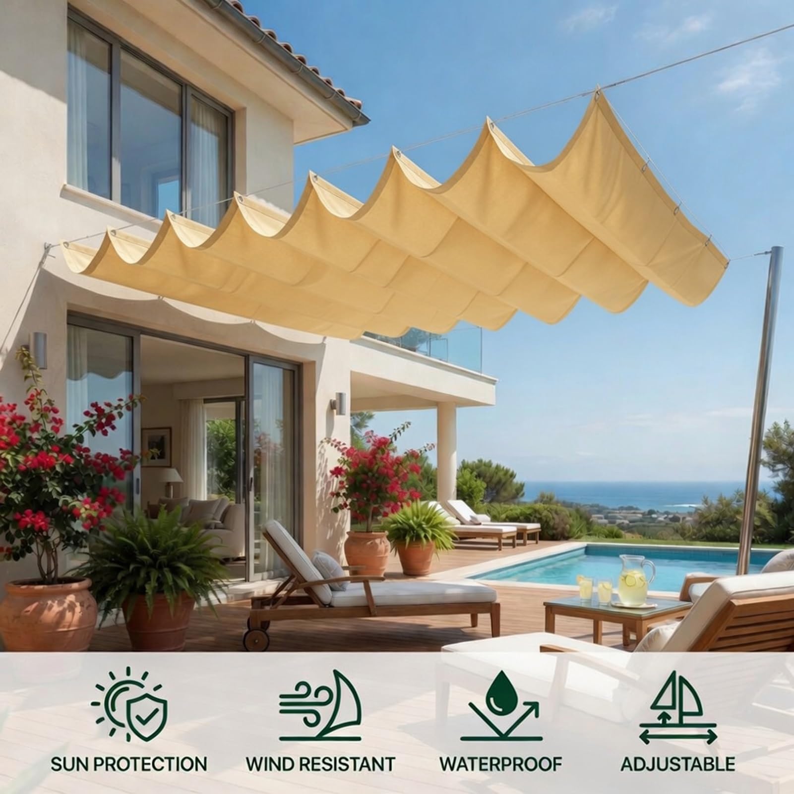 Toldo Retráctil Ondulado 2.3 x 9 m Ajustable Ondulada Toldo Vela de Sombra Protección de La Privacidad Resistente Al Desgarro para Patio Jardín Terraza, Amarillo Arena