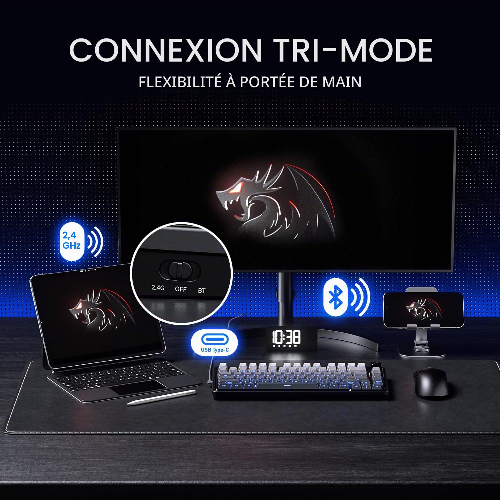 Redragon K673 GB Clavier Mecanique sans Fil Gasket 75 81 Touches PBT | Clavier mecanique sans fil Gasket 75 pourcent 3 modes 81 touches PBT controle bouton dedie attenuation bruit 5 couches