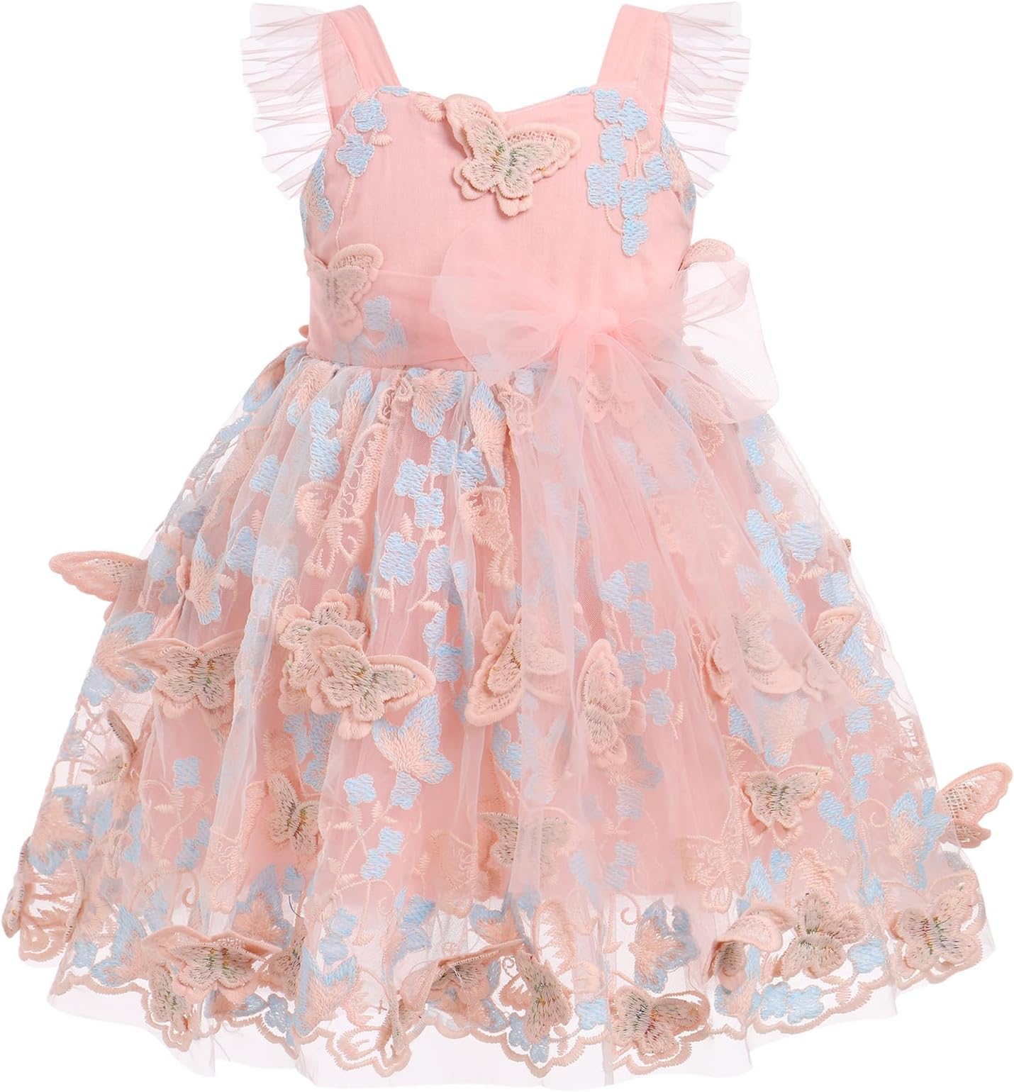 Newborn Baby Girls Party Dress Ruffle Sleeve Lace Butterfly Embroidery Tulle Tutu Baptism Christening Birthday Bridesmaid Wedding First Communion Pageant Evening Prom Ball Gown