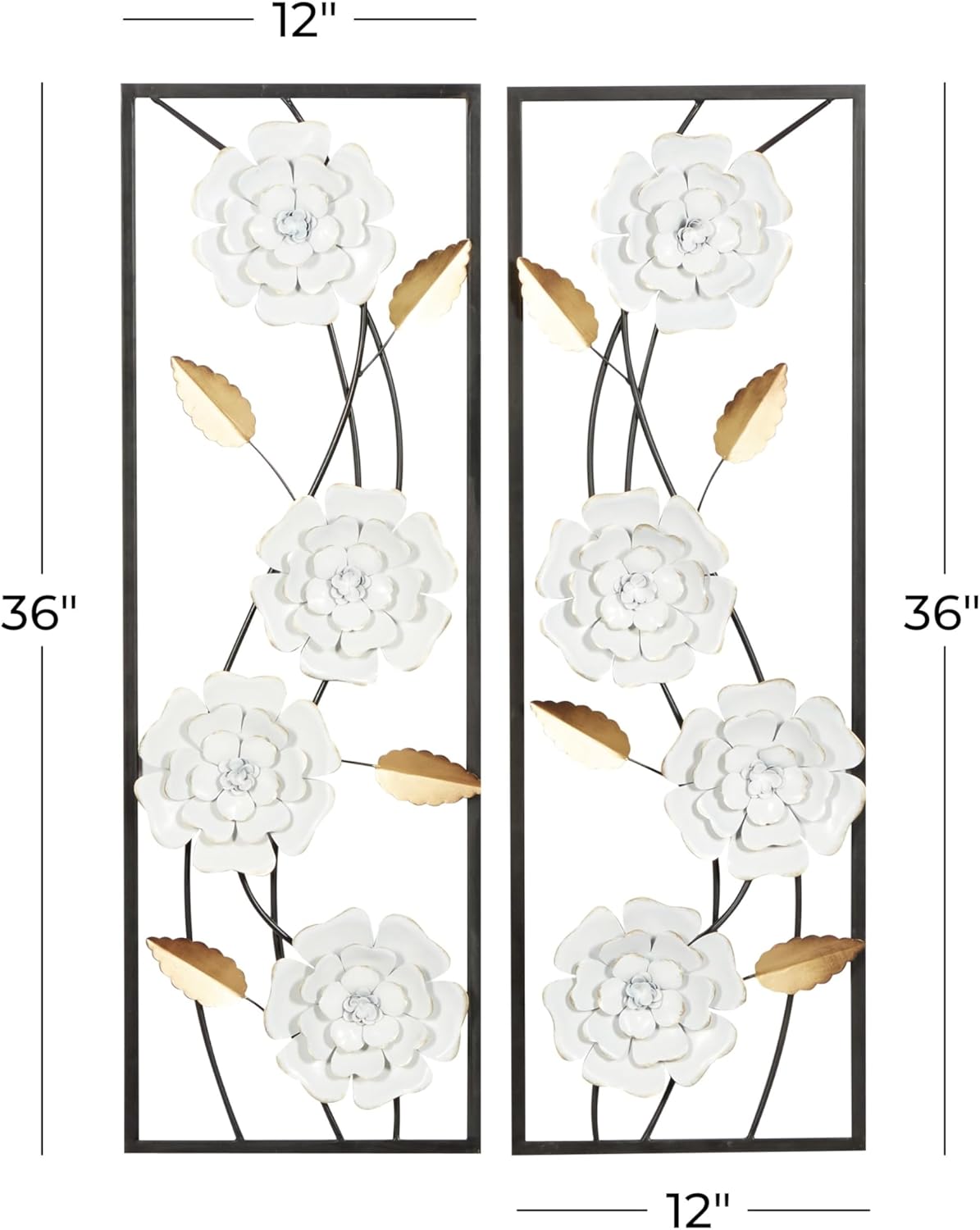 Deco 79 Metal Floral Home Wall Decor Dimensional Floating Wall Sculpture with Black and Gold Accents, Set of 2 Wall Art 12"W, 36"H, White & Gray
