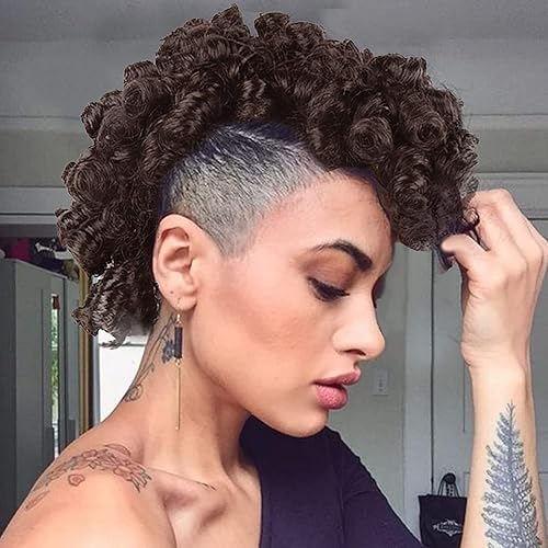 Miniatura 5 de Peluca rizada Mohawk con clip para mujeres negras, pelucas de Hawks de rizo profundo con flequillo sintético, mezcla de color marrón oscuro, cola de