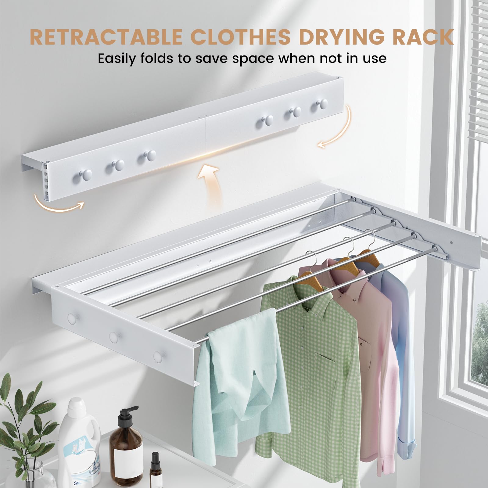 Tendedero de Pared, Tendedero Retráctil con 6 Ganchos Laterales, 5 Varillas de Aluminio, Fácil Instalación, Secador de Ropa Ahorra Espacio para Toallas, Ropa (Blanco, 100CM)