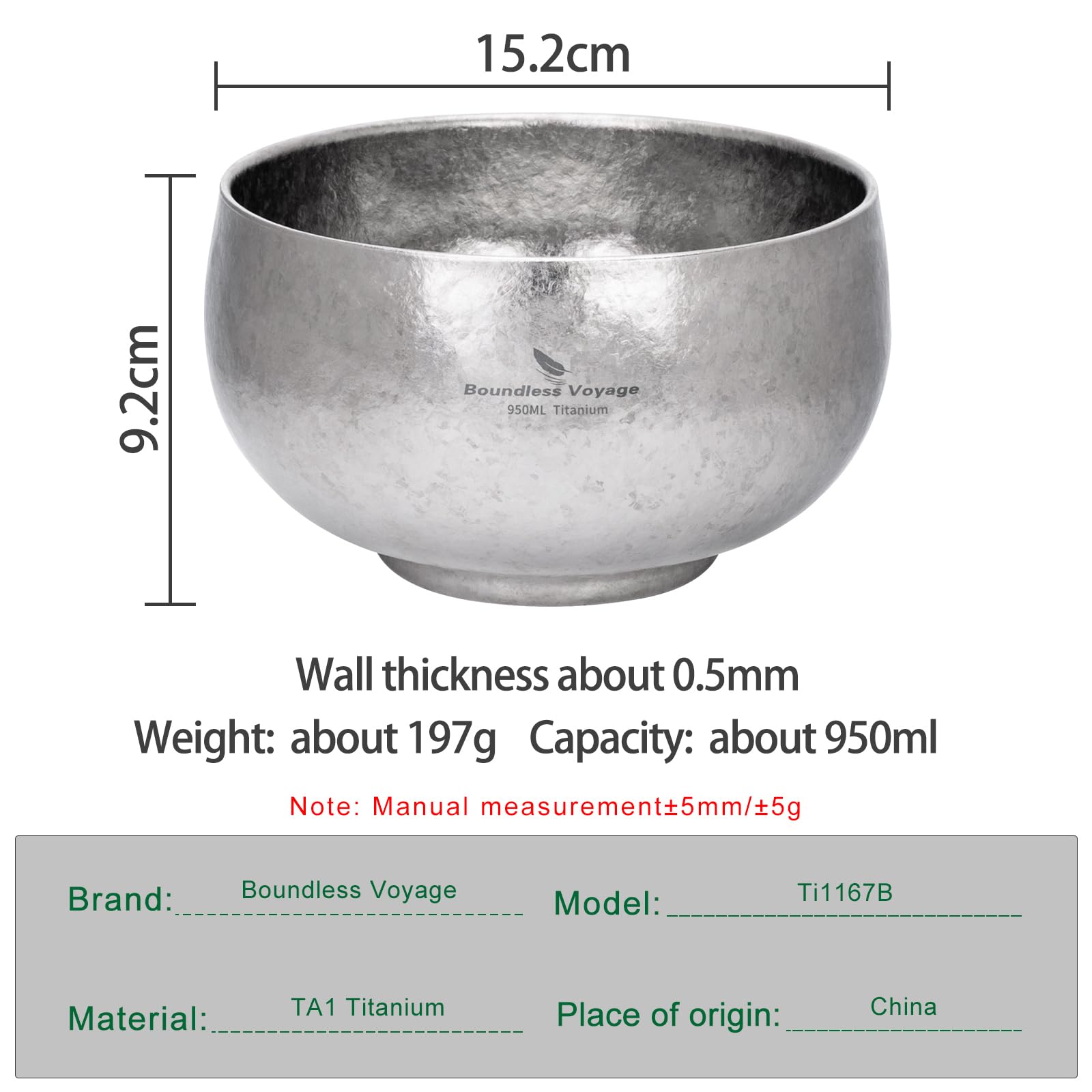 950MLTitan Camping Schale Doppelwand Suppe & Pasta Schale, tragbares Metall Geschirr für Outdoor Wandern, Rucksackreisen, Reisen, dauerhafte Hafermehl & Lebensmittelbehälter silver-Ti1167B