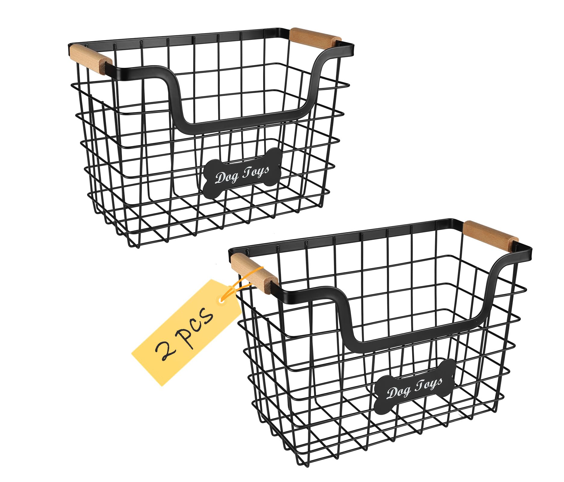 Brabtod Set of 2 Metal Dog Toy Basket,Iron Wire Dog Toy Bin,Dog Toy Storage Box,Dog Storage Organizer with Wooden Handle,B...