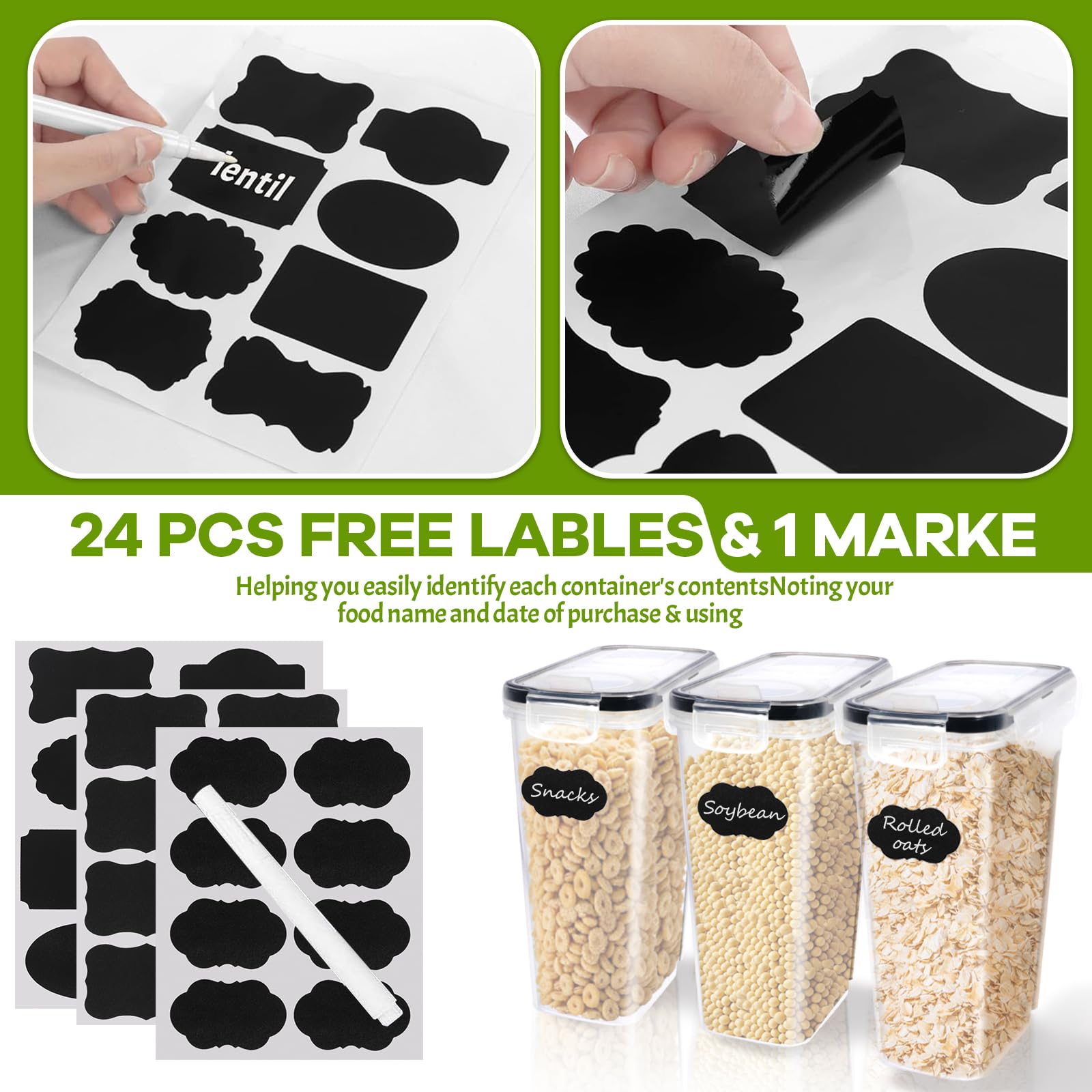 Lot De 6 Boîtes De Rangement Cuisine 2,5L Hermétiques - Bocaux Plastique Sans BPA Avec Couvercles, Étiquettes Et Cuillères