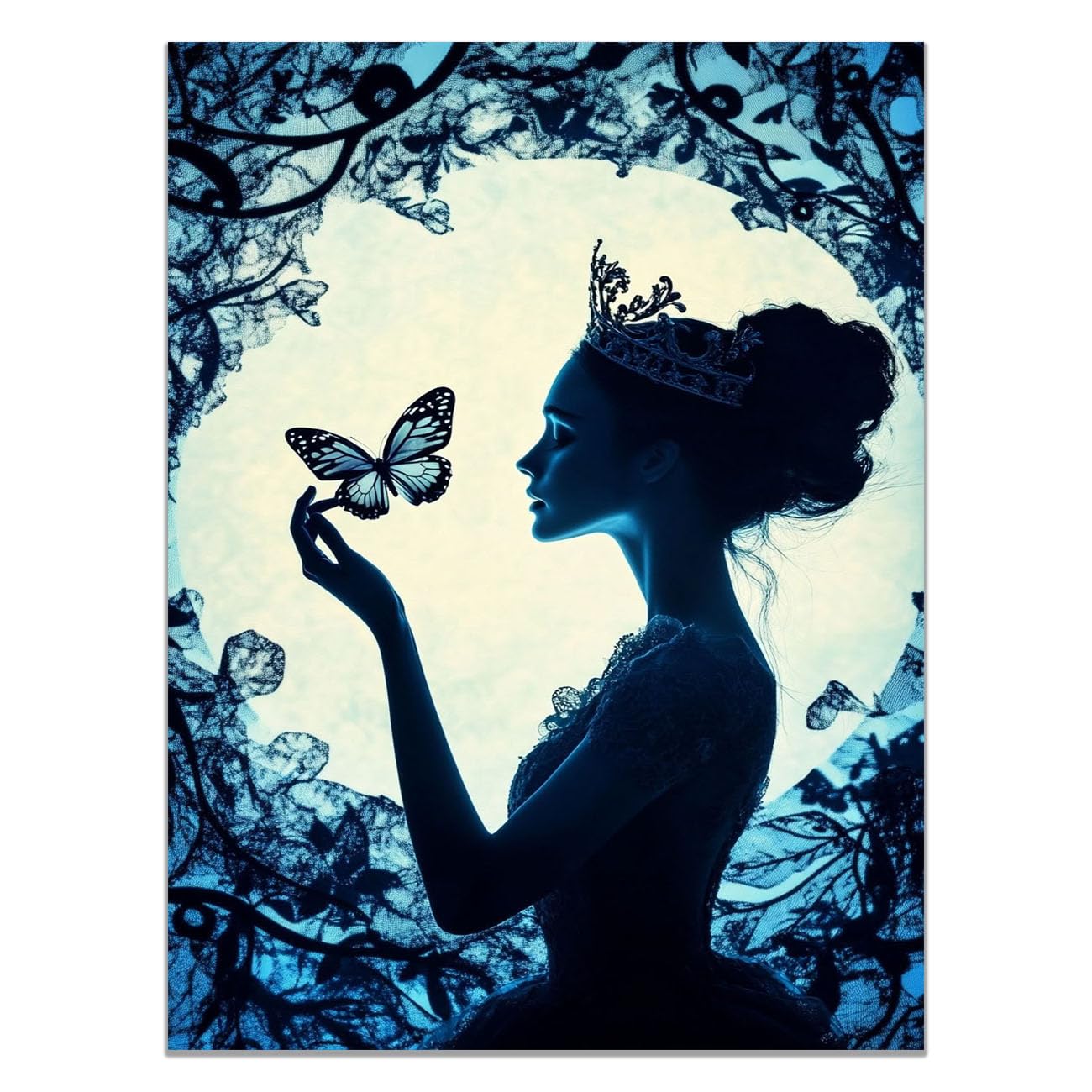 QUSAAOU Fashion Portrait Canvas Wall Art Crown Lady Butterfly Lace Moon Silhouette For Living Room Bedroom African American Decor For Home Afro Woman Poster And Prints(navy)-30x45cm1 Unframed