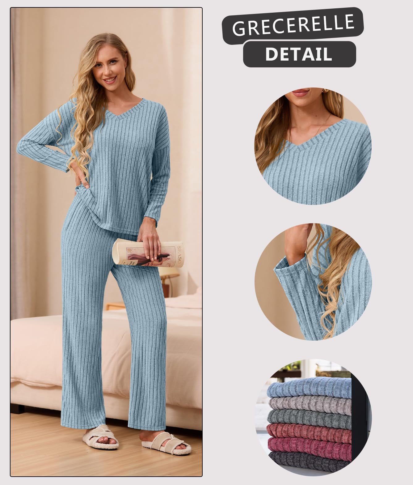 GRECERELLE Womens Pyjamas Set Lounge Wear Pjs for Women UK Ribbed Loungewear Autumn 2 Piece Outfits V-Neck Long Sleeve Blouses And Wide Leg Trousers Sleepwear Homewear