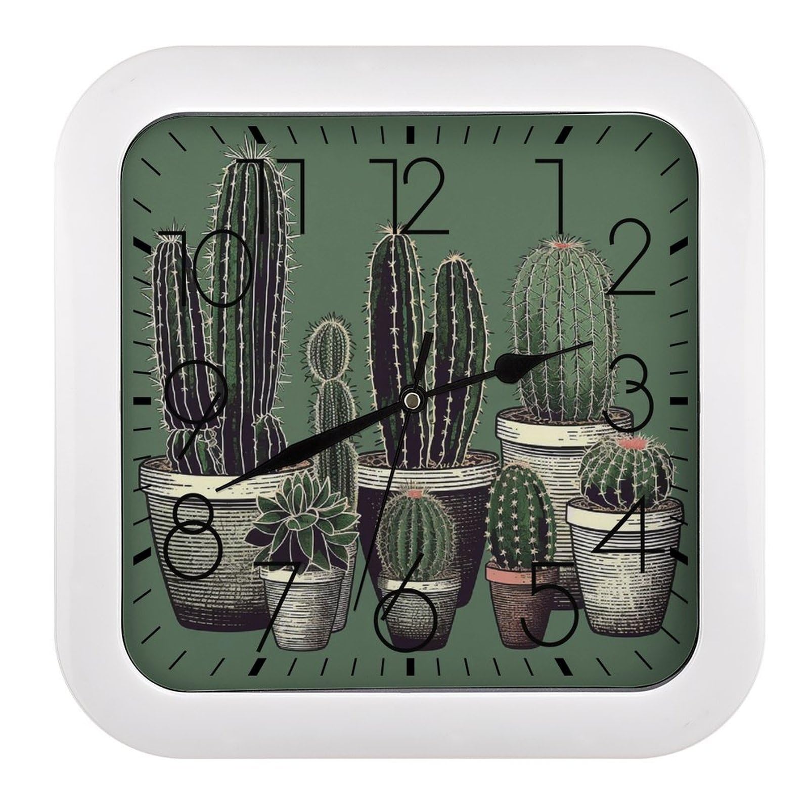 NTVOWPZO 10 Inch Wall Clock Green Cactus Battery Operated Wall Clocks Silent Non-Ticking Square Wall Clock for Living Room Kitchen Home Office Wall Decorative Clocks