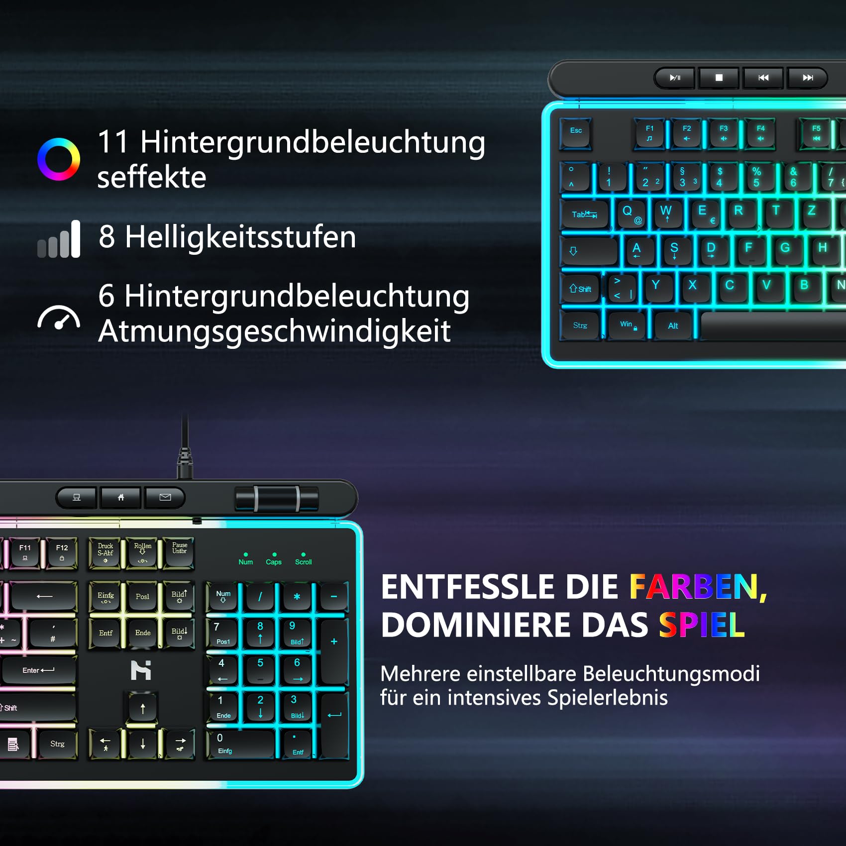 HLONONE Gaming Tastatur und Maus Set, Regenbogen LED Hintergrundbeleuchtung, USB Verkabelt, Ergonomische Tastatur für PC Gamer und Büro, QWERTZ DE Layout -Schwarz