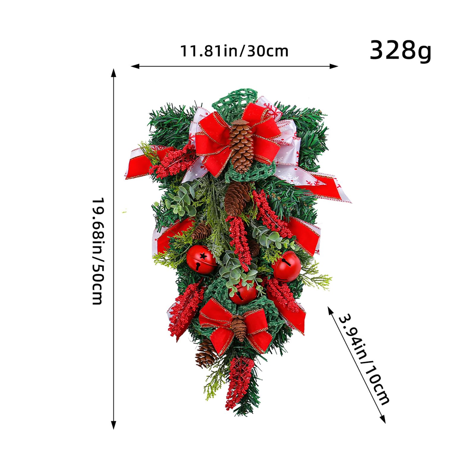 Christmas Swag Christmas Greenery Teardrop Swag with Pine Cone, Bell, Bow and Eucalyptus Christmas Winter Hanging Wreath for Front Door