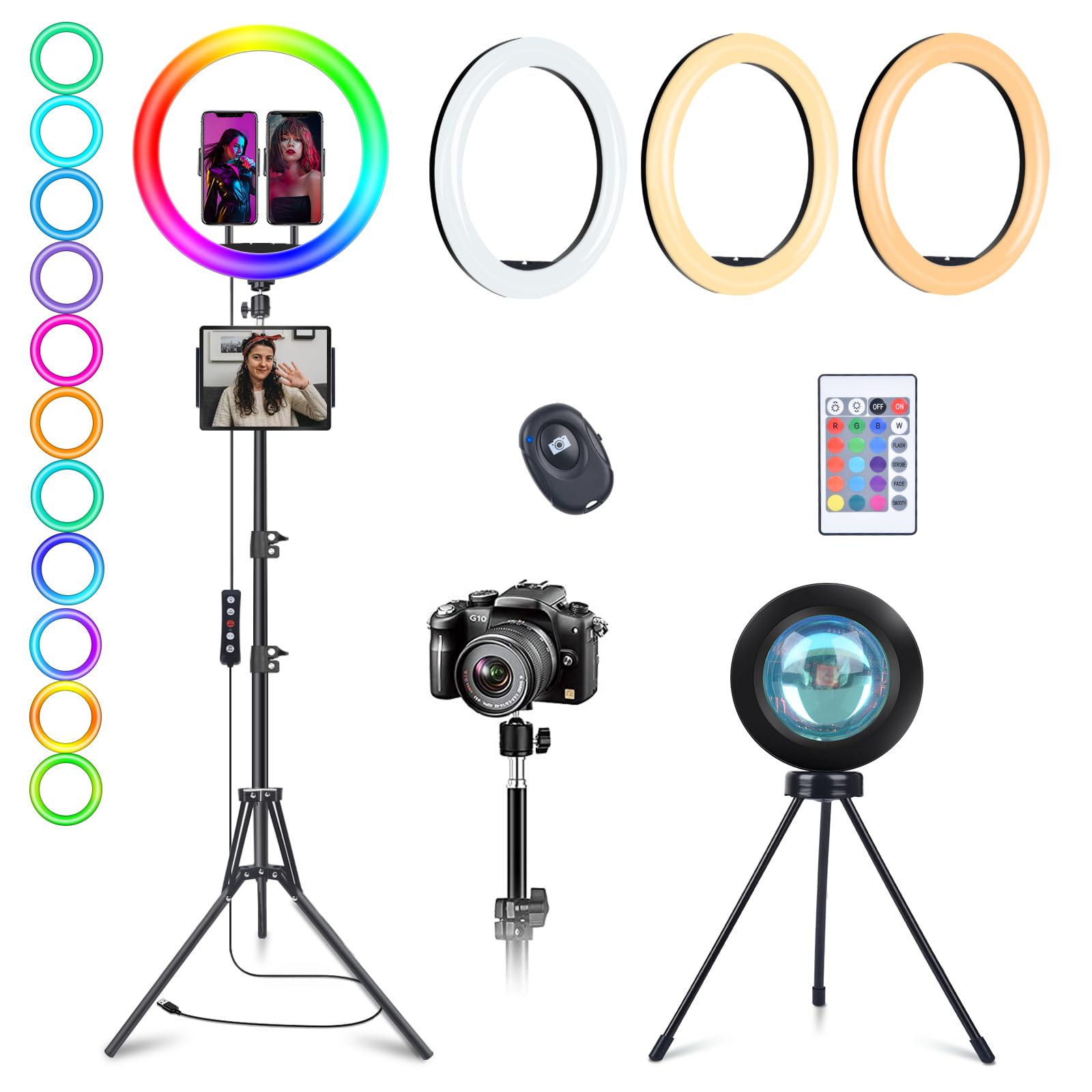 incomplete))) 13" rgb selfie ring light with stand 76" tall & 2 phone holders, tablet holder, sunset lamp & 51 color modes, desk tripod, 12 dimming levels halo light, led camera ringlight for iphone/tiktok/youtube