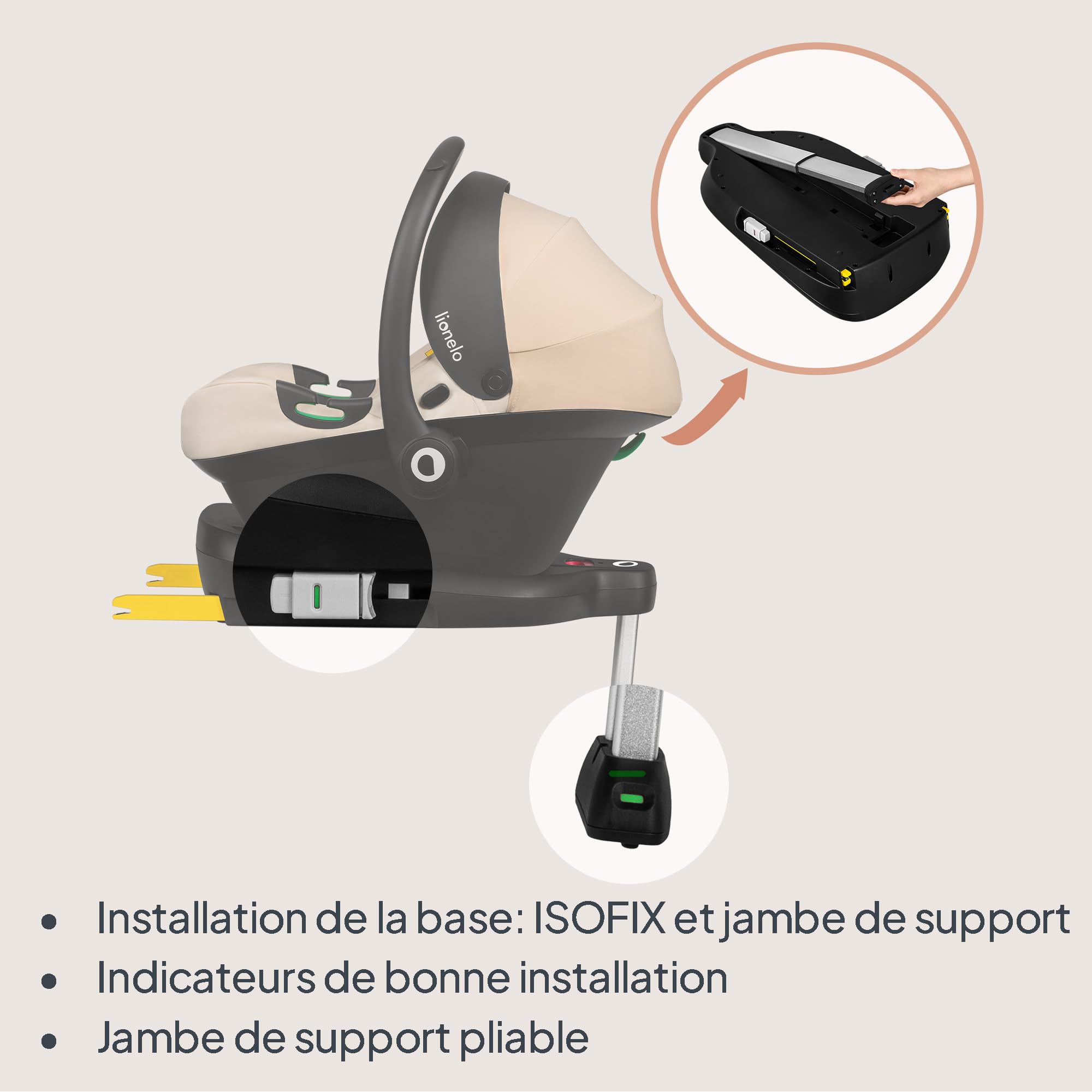 LIONELO ASTRID i-Size SET Siège auto Enfant avec Base 40-87 cm Cosy pour Bébé Montage ISOFIX, Ceinture de Sécurité à 3 points Protection Latérale, Insert Dri-Seat, i-Size R129 (BEIGE SABLE)