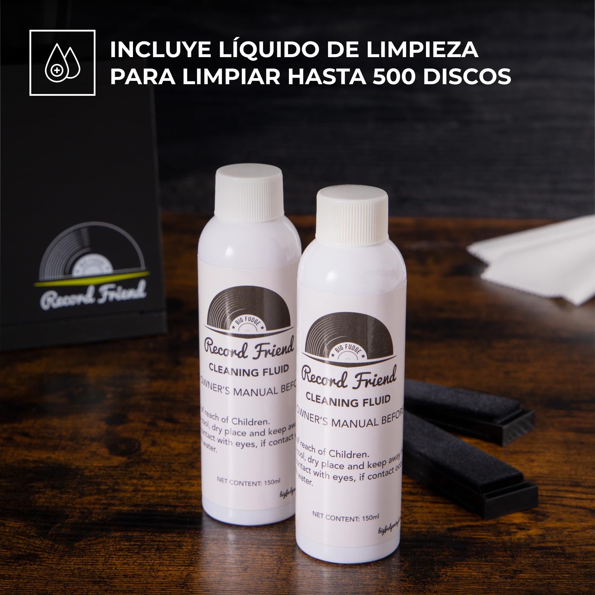 Big Fudge Kit Limpiador para Discos de Vinilo - Máquina Limpia Vinilos sin Ralladuras con Líquido de Limpieza Cepillo Bastidores - Cuidado Profesional