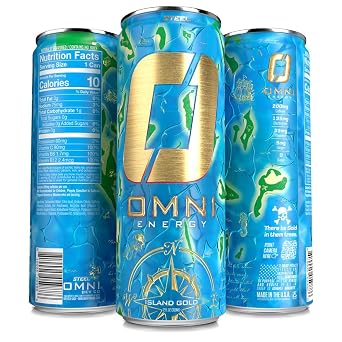 OMNI Energy Drink Island Gold 12 Oz (Pack of 12) | Contains 200mg Clean Caffeine, B Vitamins | Sugar-Free, Low Calorie, Energy Drink for All-Day Vitality