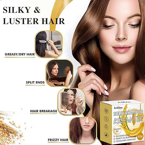 Miniatura 5 de Paquete de 2 barras de champú de agua de arroz, barras de champú de arroz para el crecimiento del cabello, champú para cabello seco, jabón sólido