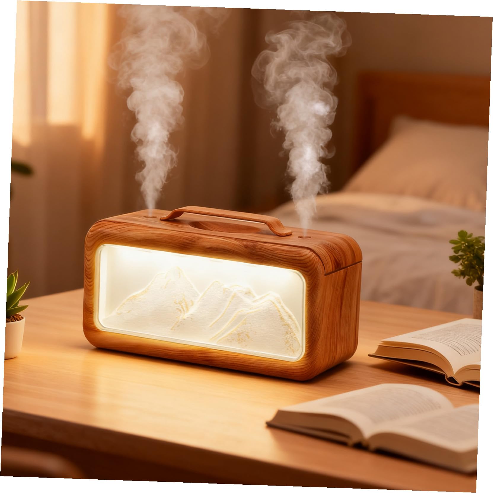 Mini Umidificatore da Scrivania con Doppia Nebulizzazione Silenziosa Design Montagna e Venatura Legno Umidificatore Personale per Ufficio Camera da Letto e Piante