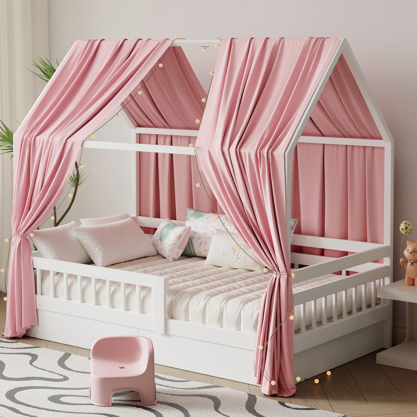 Hausbett Himmel mit Lichterkette 2 Stück Deko Baldachin Hausbett Vorhang,Betthimmel Stoffhimmel Hausbett für Mädchen Jungen Kinderbett,135 x 350 cm Rosa
