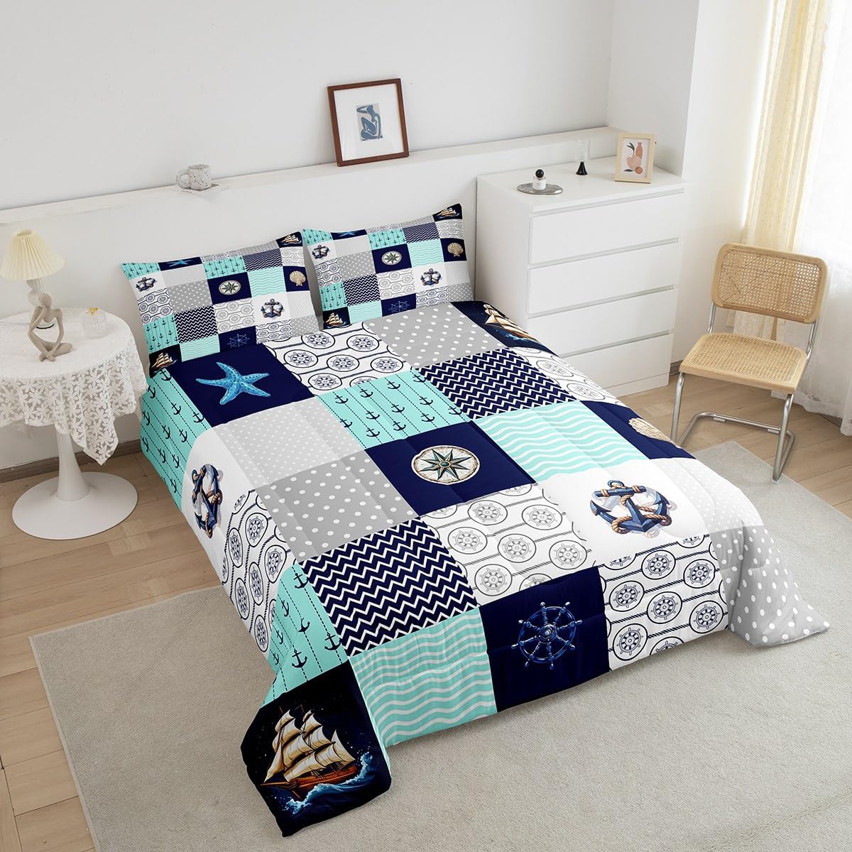 Feelyou Nautical Comforter Set Queen Size Anchor Decor Bedding Set for Boys Girls Teens Ocean Comforter Sea Adventure Duvet Set Light Blue Quilt Set image 3
