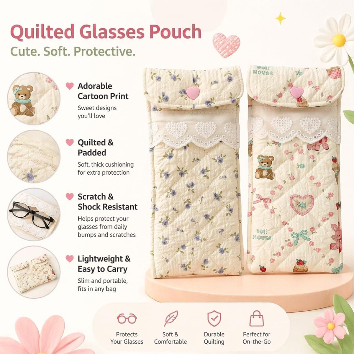 2 PCS Cotton Sunglasses Pouchs Soft Cotton Lining Glasses Case Quilted Eyeglass Pouch Portable Eyeglass Cases Polka Dot Embossed Lining Bag for Women Girls Storage Sunglass Glass