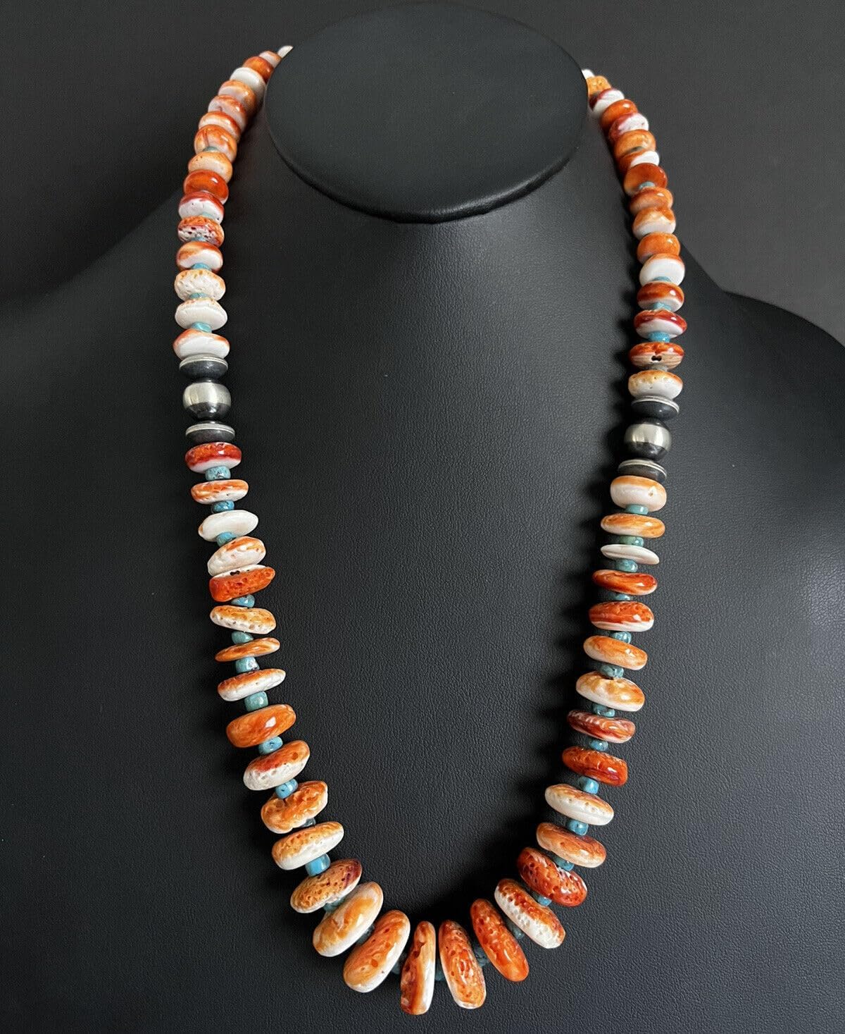 Sterling Silver Graduated Spiny Oyster Turquoise Bead Necklace 25 inch 925 Southwestern