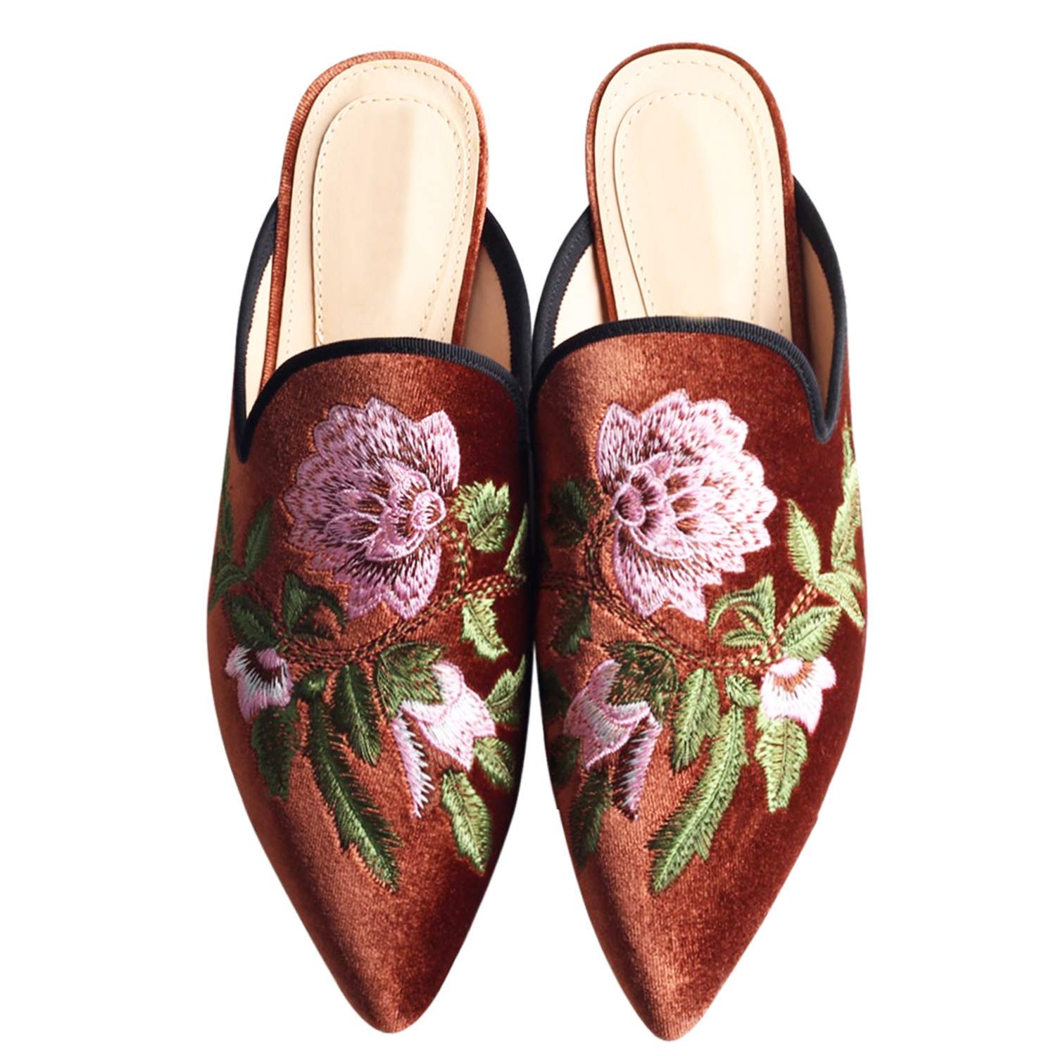 Fericzot Women's Velvet Backless Pointed Toe Slip On Loafers Flats Embroidery Mule Slippers Shoes