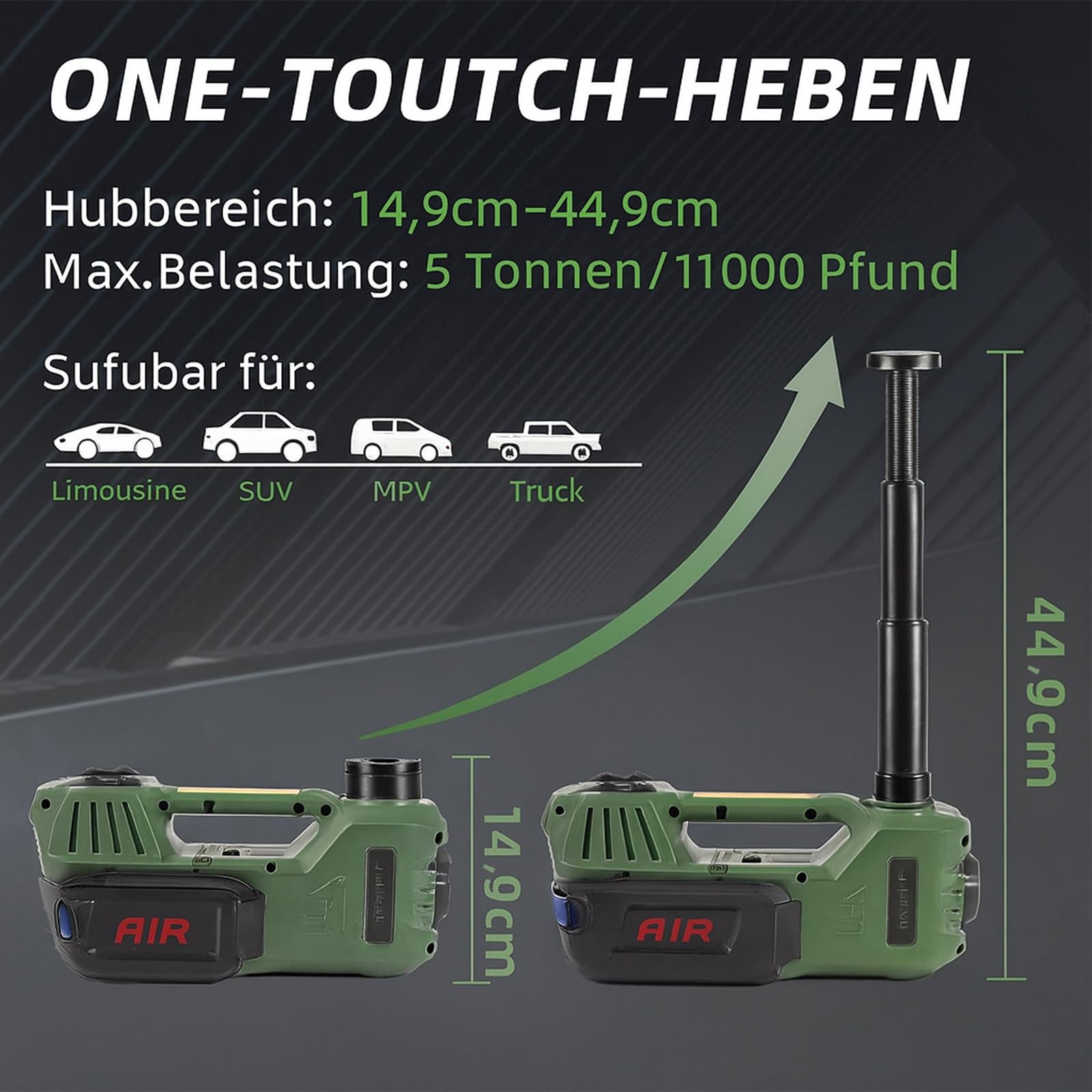 ROGTZ 5 Tonnen Hydraulischer Wagenheber – 4-in-1 Multifunktionales Pannenhilfe-Set mit integrierter Luftpumpe, LED-Licht und Reifenreparatur-Werkzeug für Auto, SUV, LKW