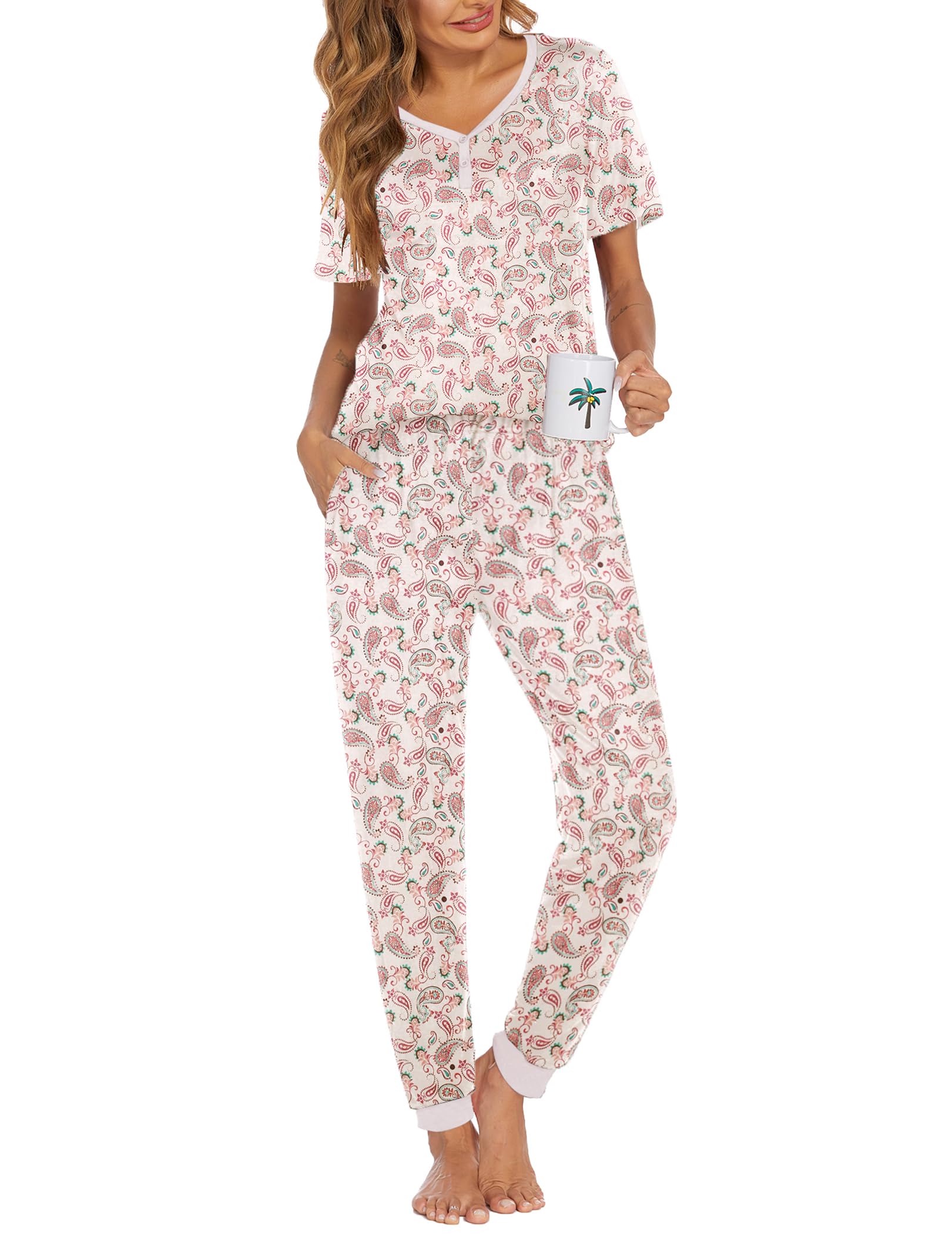 Ekouaer Pajamas for Women Set 2 Piece Short Sleeve Fall Pjs with Pockets