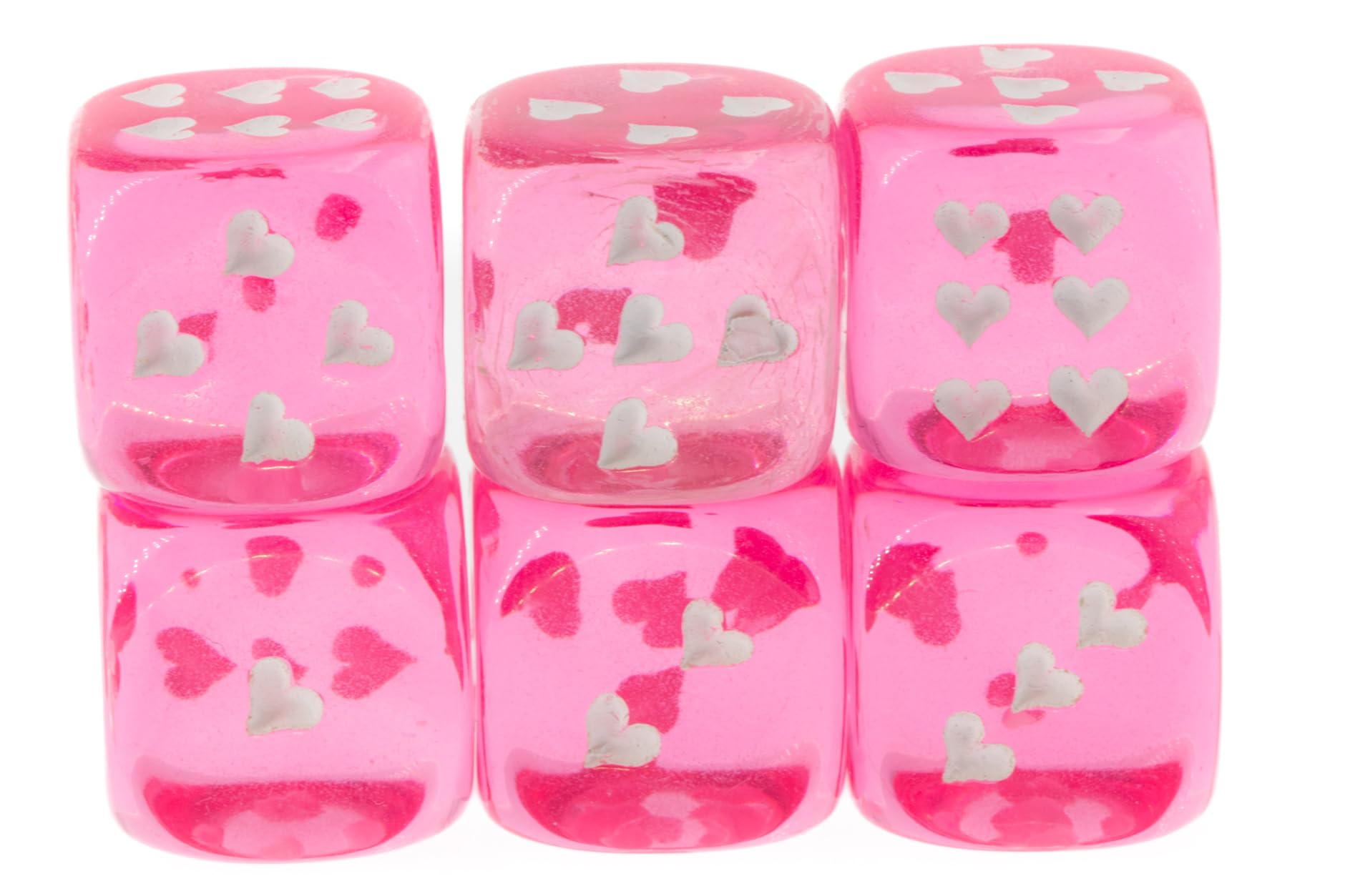 WeLoveDice - Würfel pink mit weißen Herzen - Made in Germany - 6 Stück