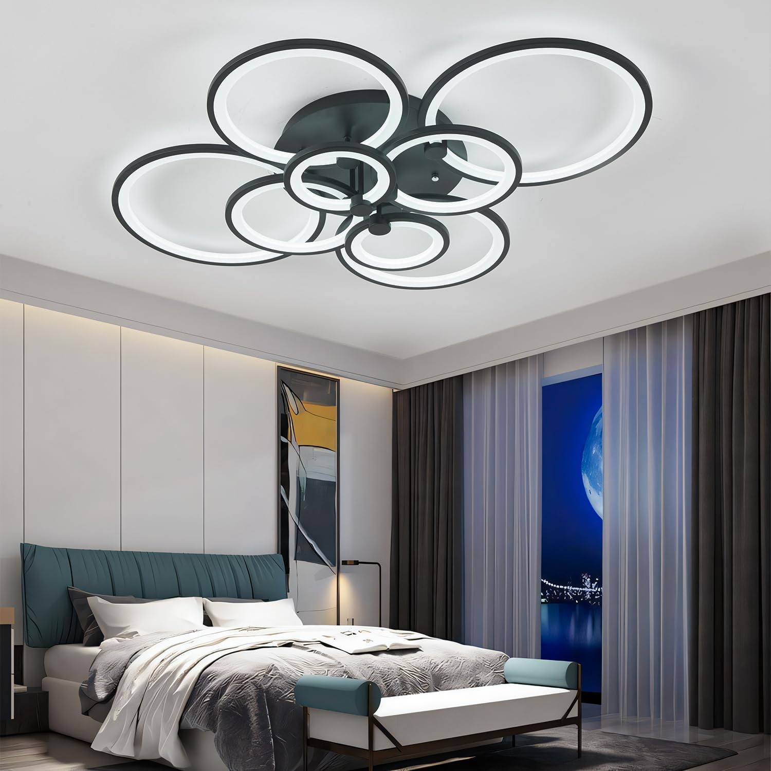 Modern LED Ceiling Light Dimmable Flush Mount Modern Ceiling Light Fixture Living Room 8 Rings for Kitchen with Remote Controller