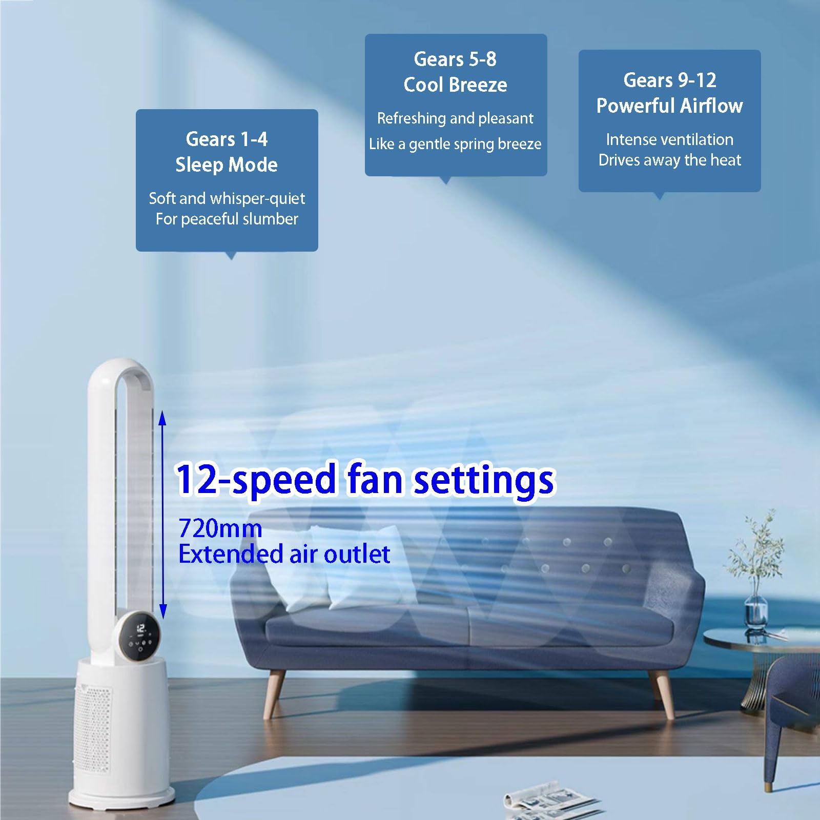 Ventilador de torre sin aspas, enfriador de aire oscilante interior con control remoto, filtro de aire, temporizador de 12 horas, luz nocturna, 12 ajustes de velocidad para el hogar y la oficina