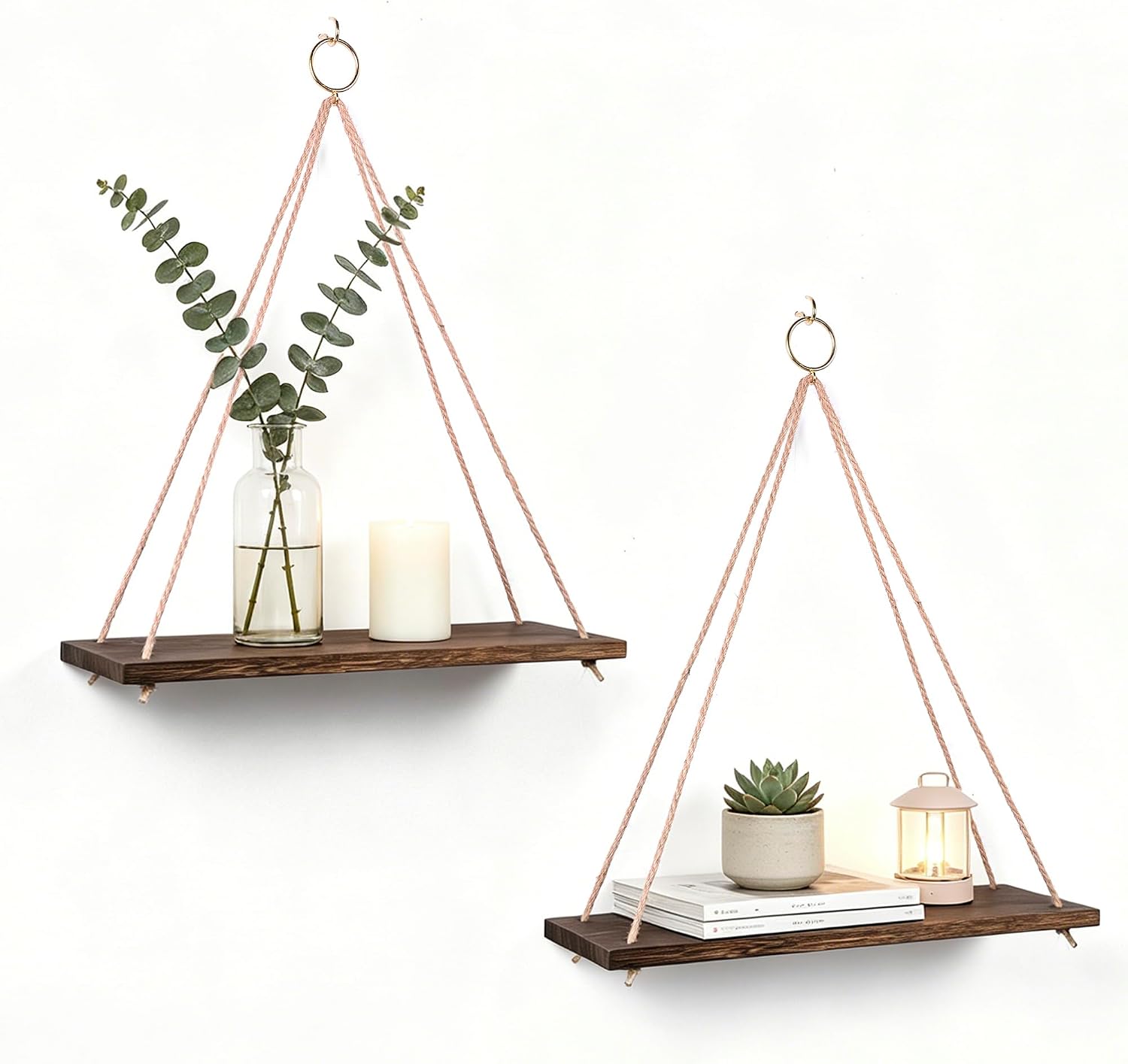 Hanging Wall Shelves, Set of 2 (Large), Boho Style, Triangular, Wood Finish, Wall Mount, 2 Shelves, Living Room, Bedroom, Bathroom, Kitchen