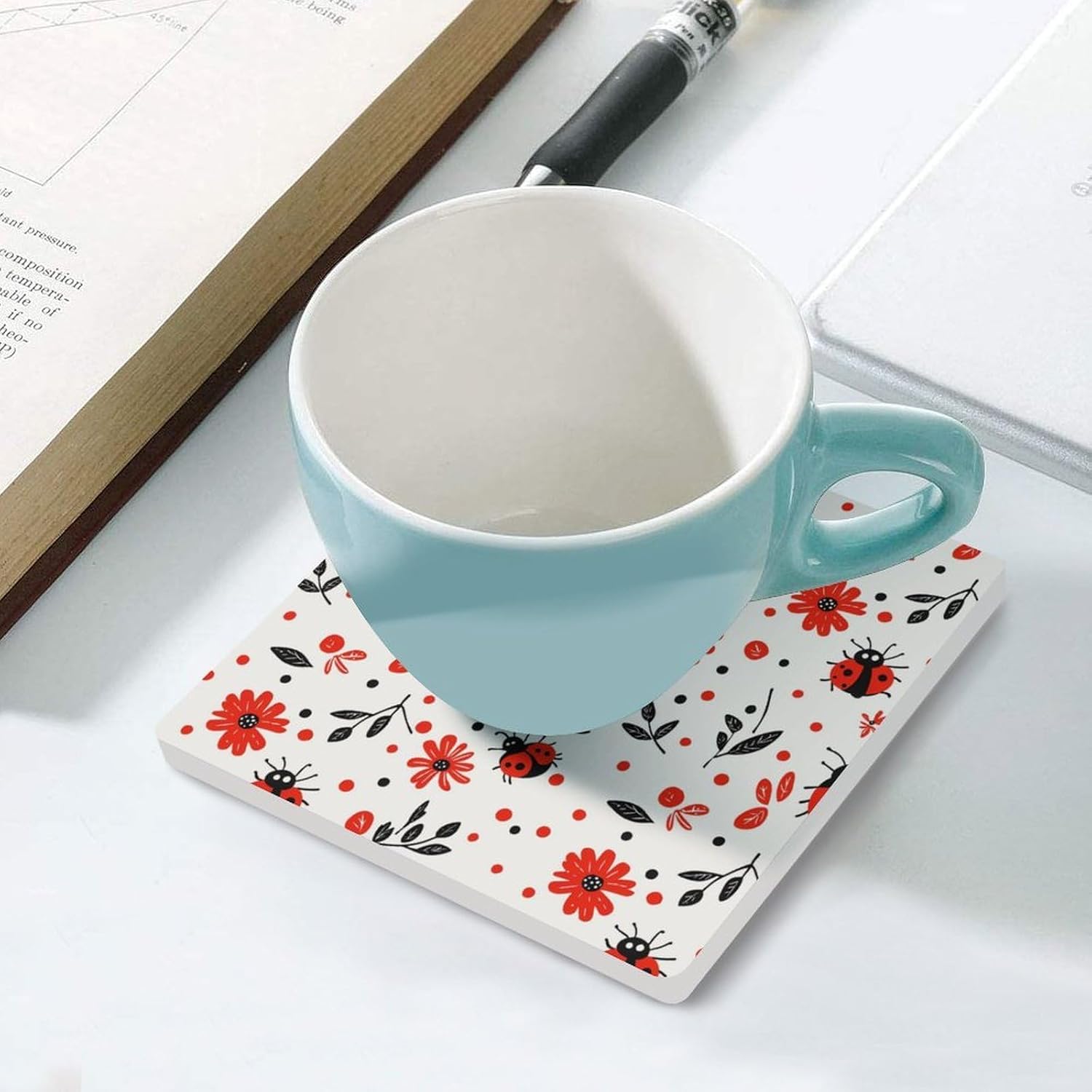 Ladybug Insect Ceramic Coasters Square Drinks Coaster Coffee Table Decor Table Coaster for Home Bar