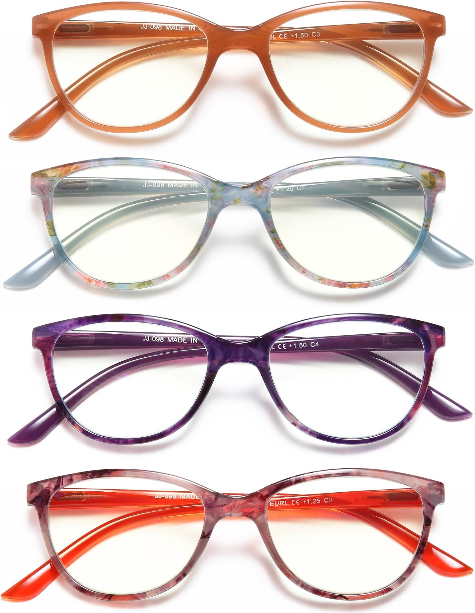 EYEURLBlue Light Blocking Reading Glasses Women, 4-Pack Spring Hinge Computer Readers,Anti UV Ray Square Nerd Eyeglasses +1.25