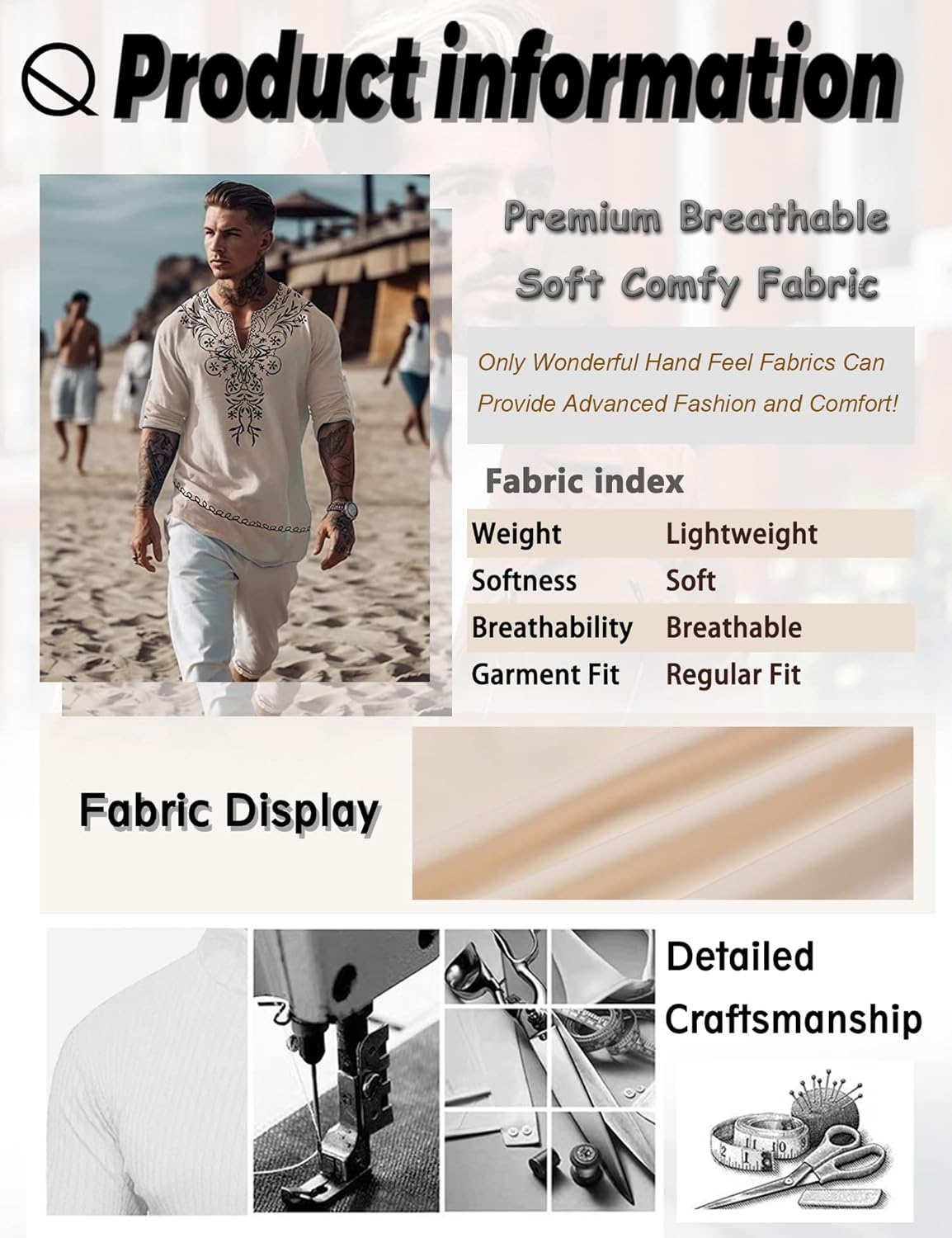 JoZorro Linen Outfit - Long Sleeve Henley Shirts, African Shirts Thobe, Islam Mens V Neck T Shirt, African Dress Shirt, Dashiki Outfit, Half Long Sleeve Shirt - Beige - Image 5