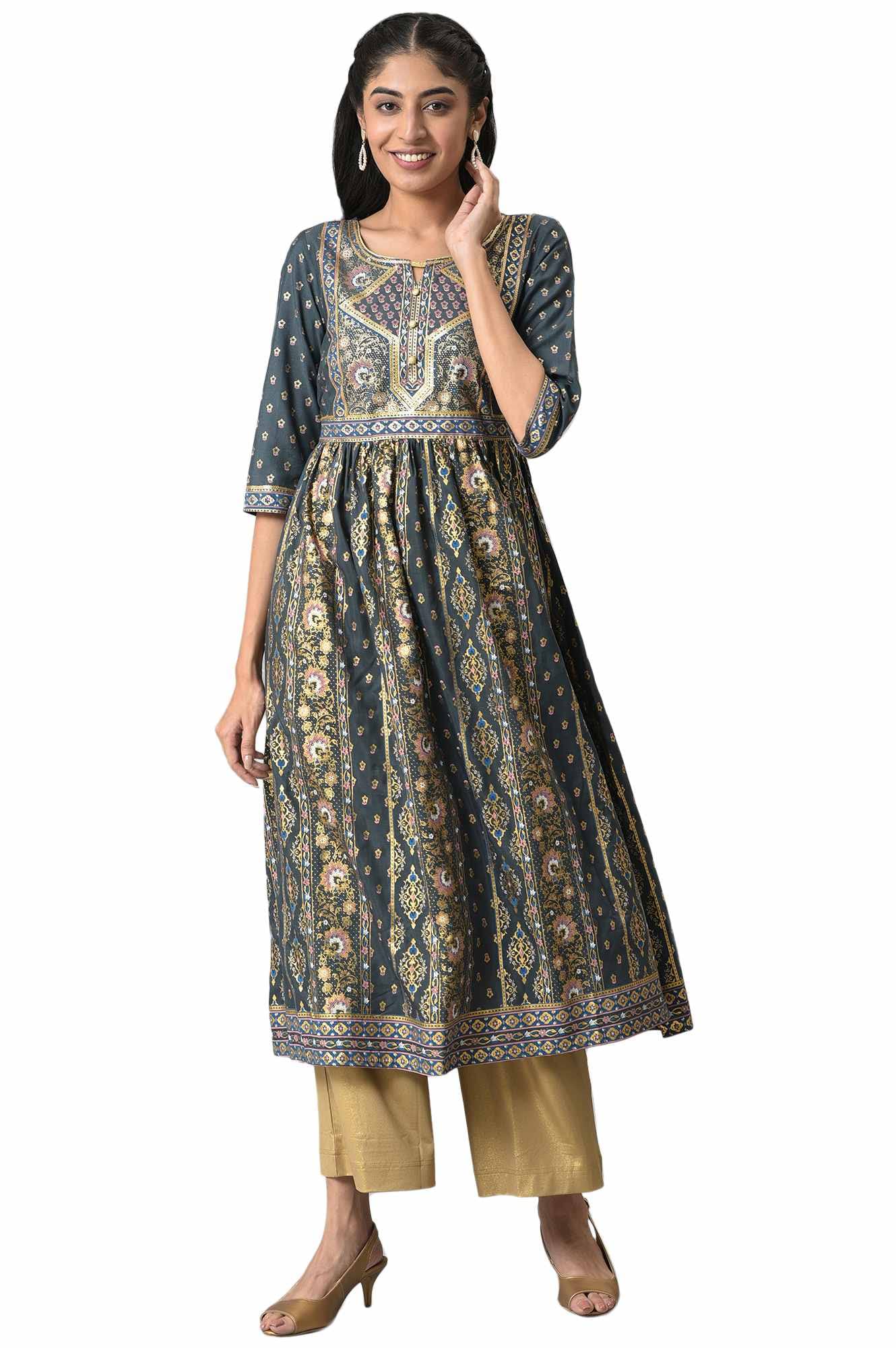 AureliaWomen Reflecting Pond Geometric Yarn Dyed Straight Kurta