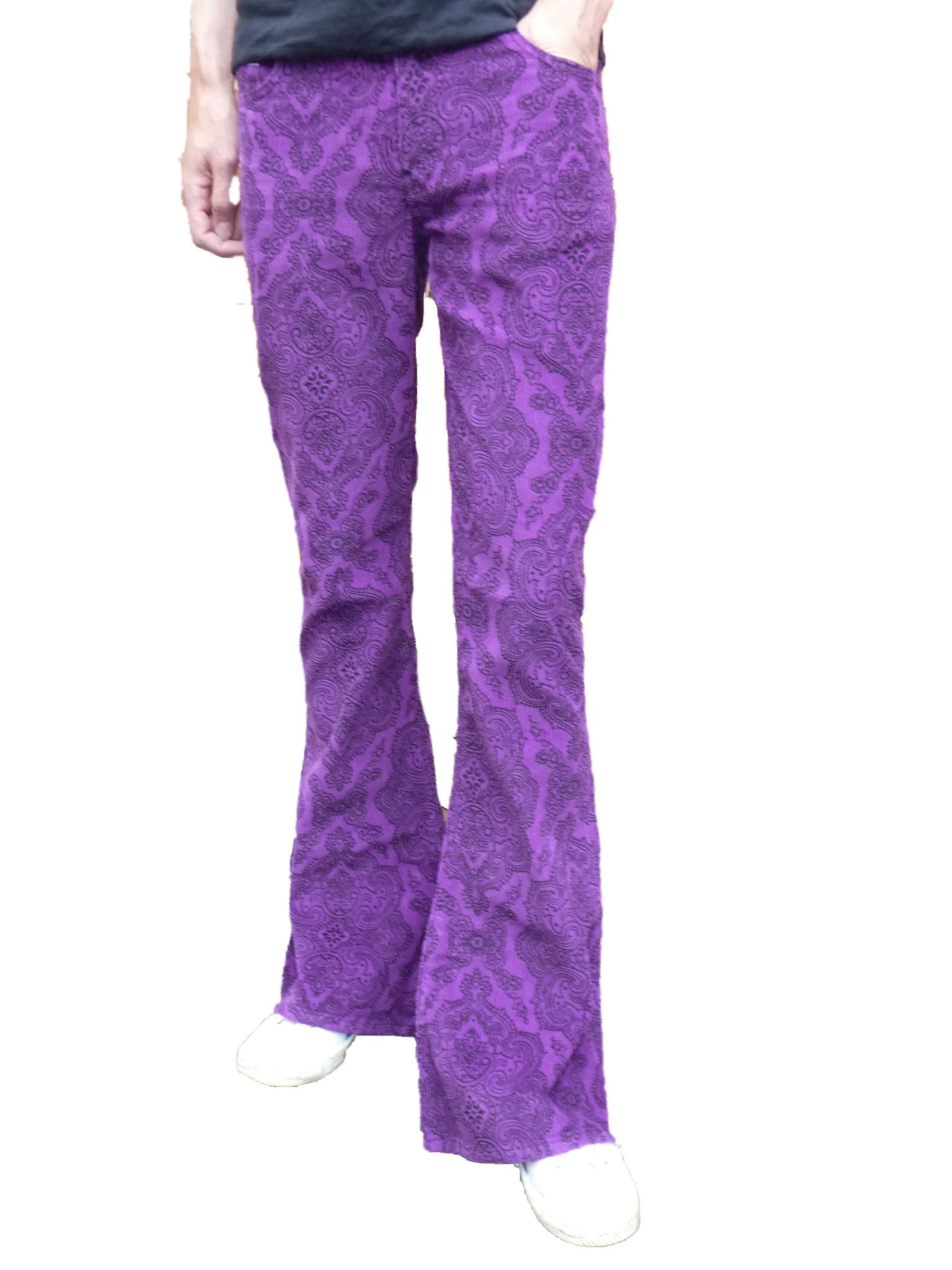 Fuzzdandy Men's Purple Flares Bell Bottoms Paisley Trousers Corduroy Hippie Mod Indie Jeans Retro Vintage Pants (32" Waist X 30" Leg)